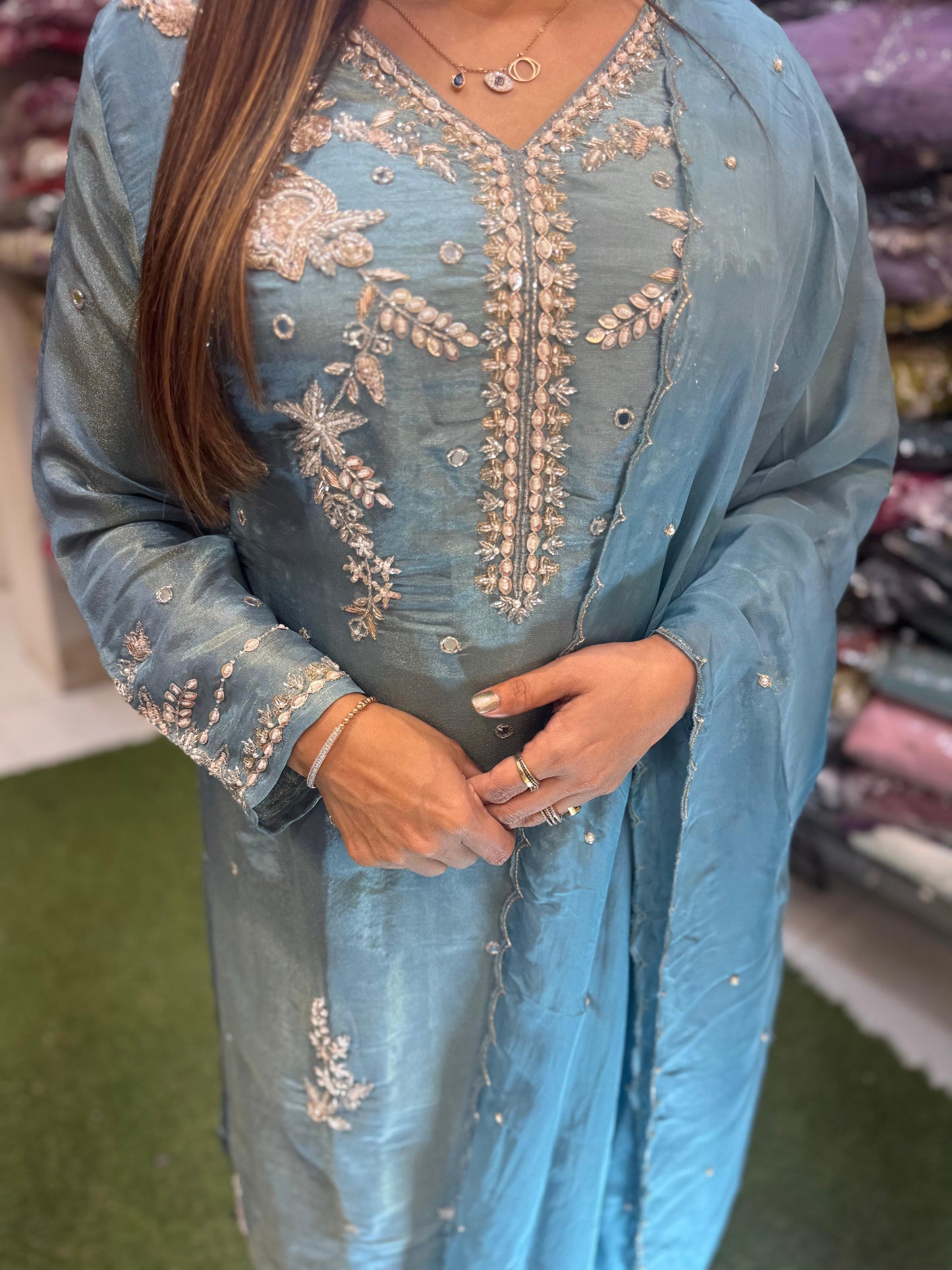 Pure Simmer Tissue Pearl Handwork Party Wear 3pc Set Teal Blue Color
