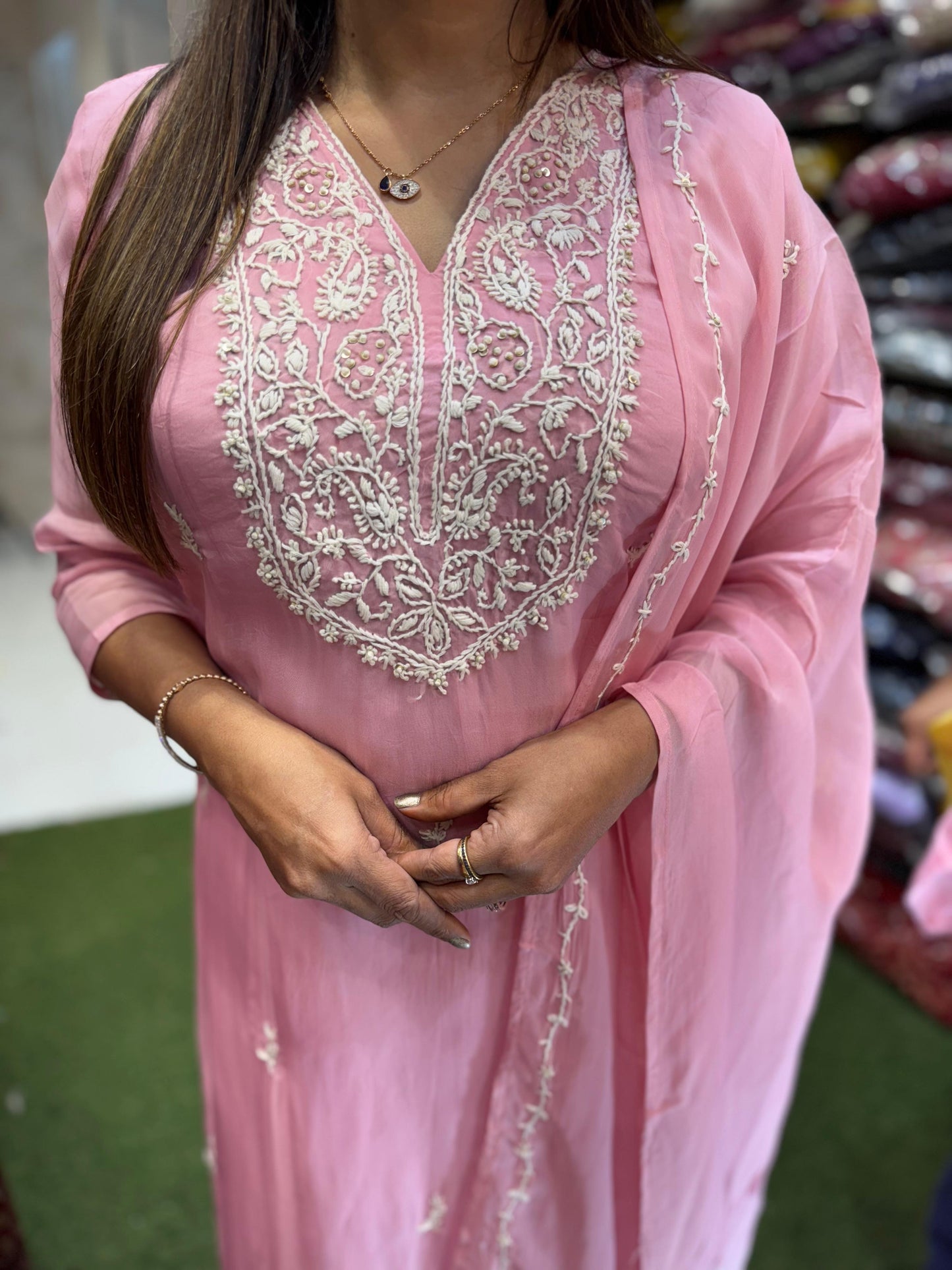 Pure Viscoce Organza Lucknowi Katha Work 3pc Set Baby Pink Color
