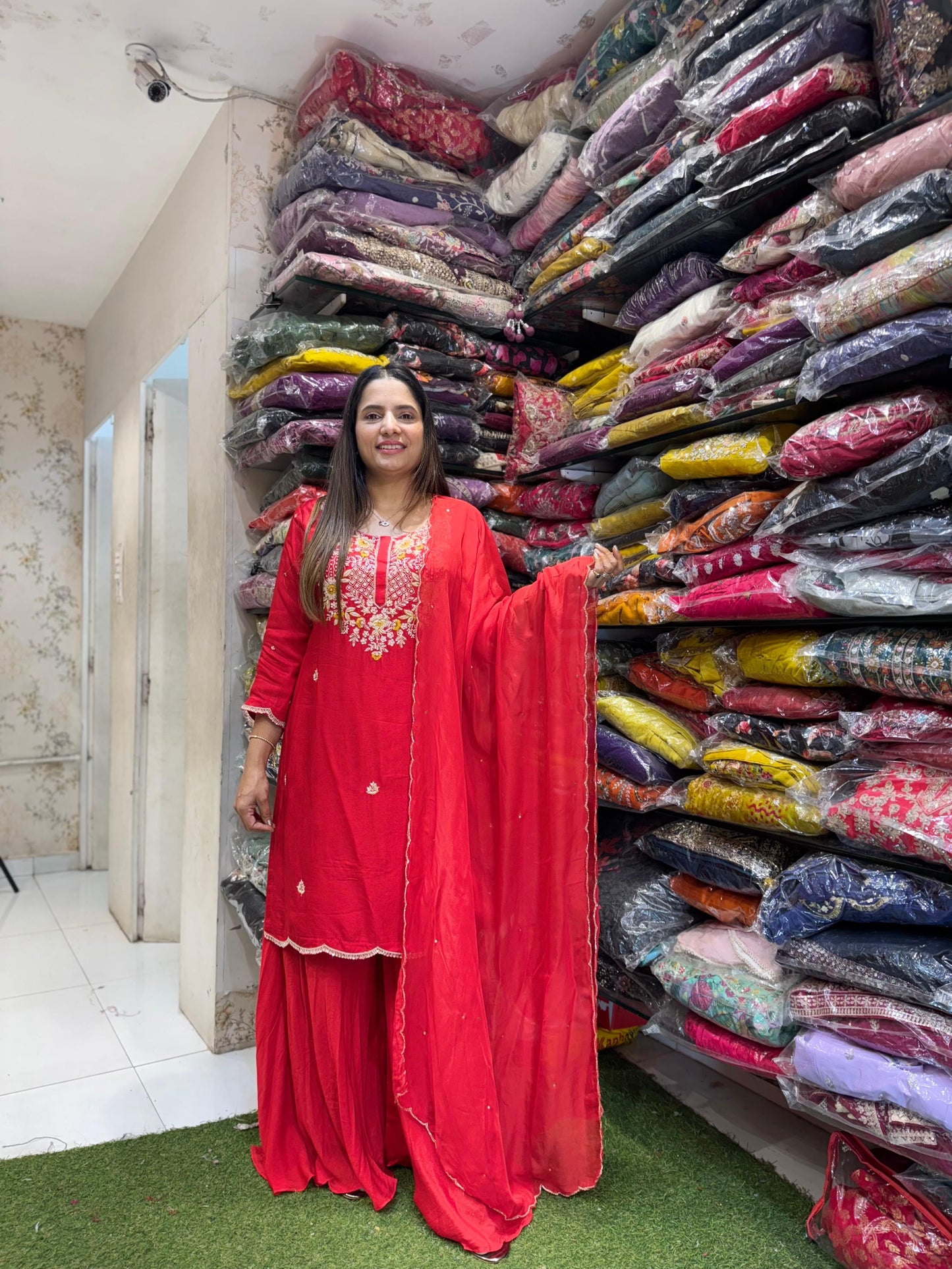 Pure Dola Silk Pearl Handwork Party Wear 3pc Set Blood Red Color