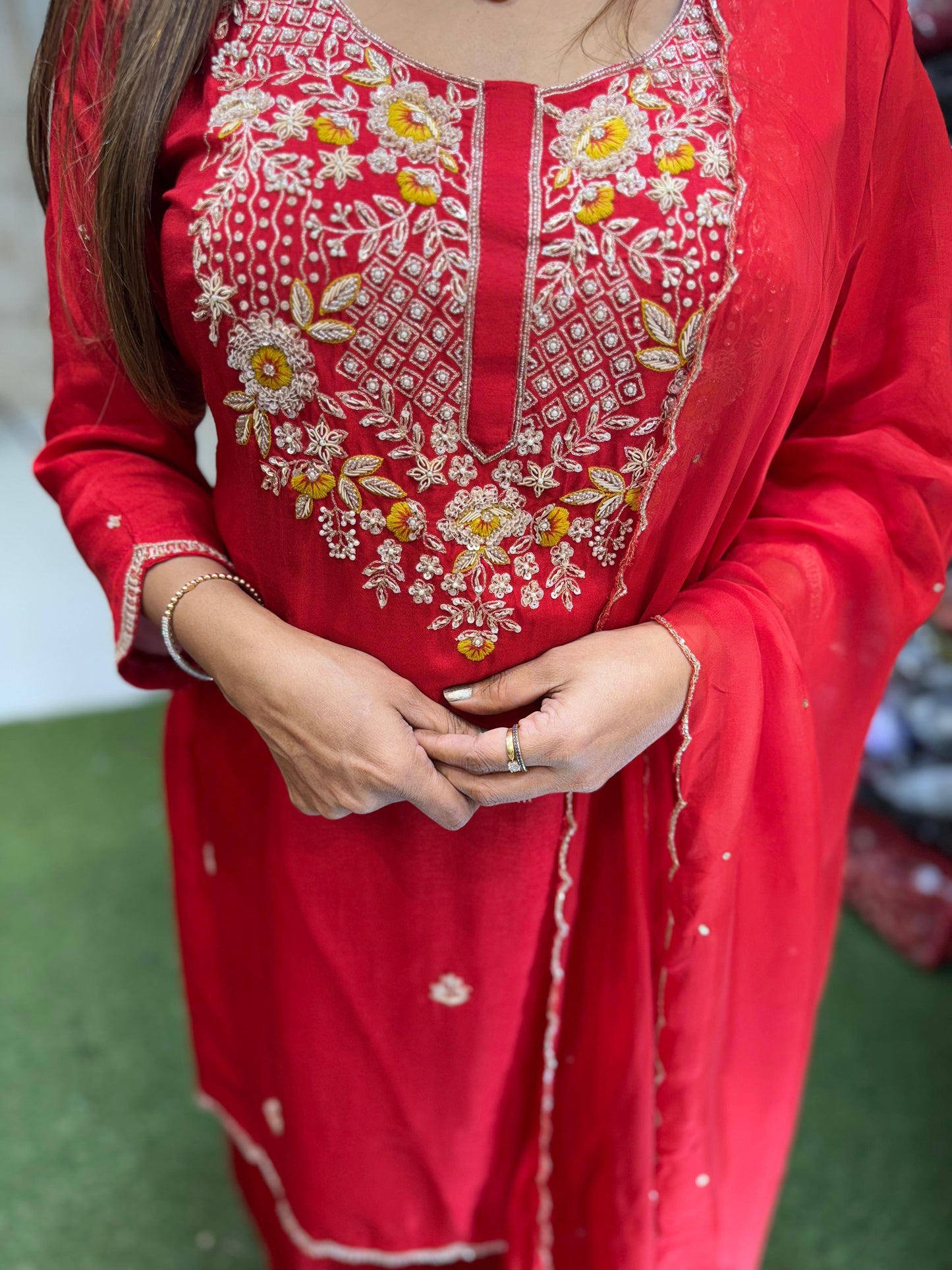 Pure Dola Silk Pearl Handwork Party Wear 3pc Set Blood Red Color