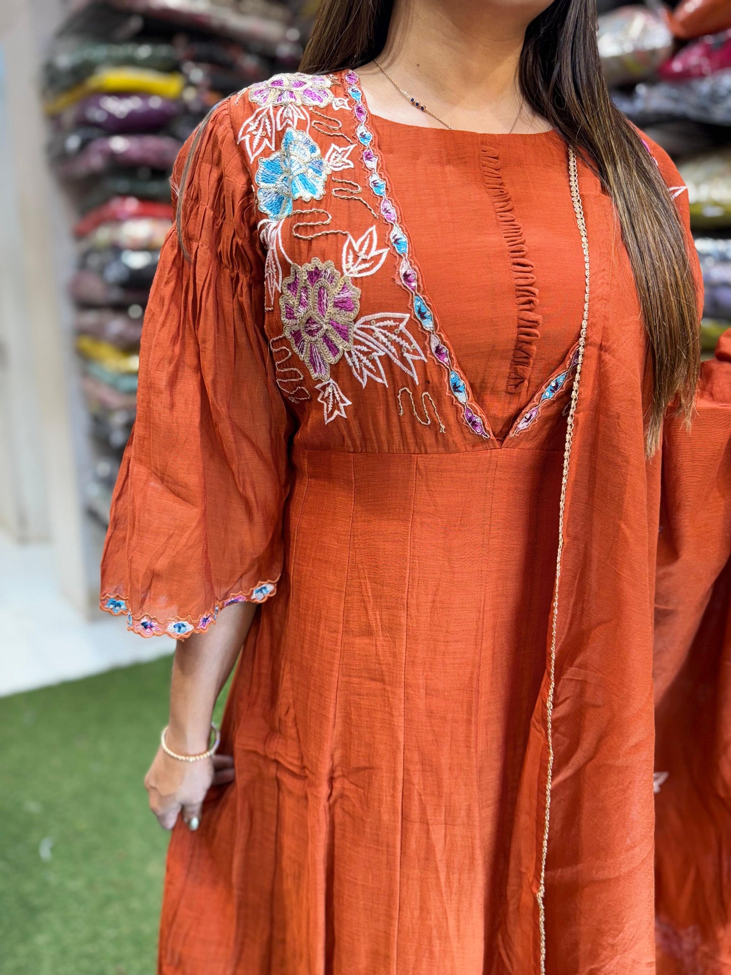 Pure Mull Chanderi Detailing Hand Work Party Wear Anarkali 3pc Set Rust Orange Color