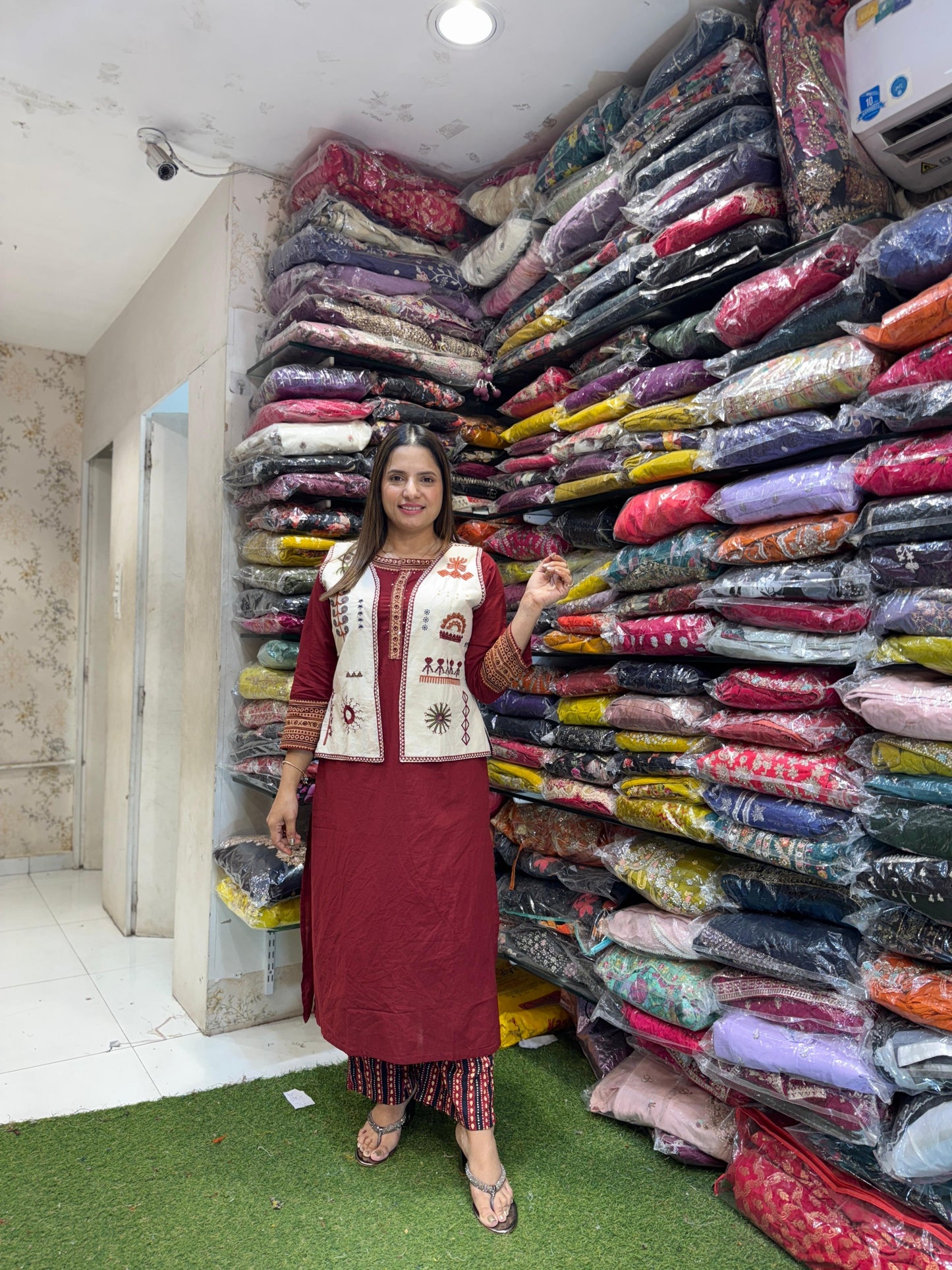 Pure Cotton Detailing Work 2pc Set With Jacket Maroon Color
