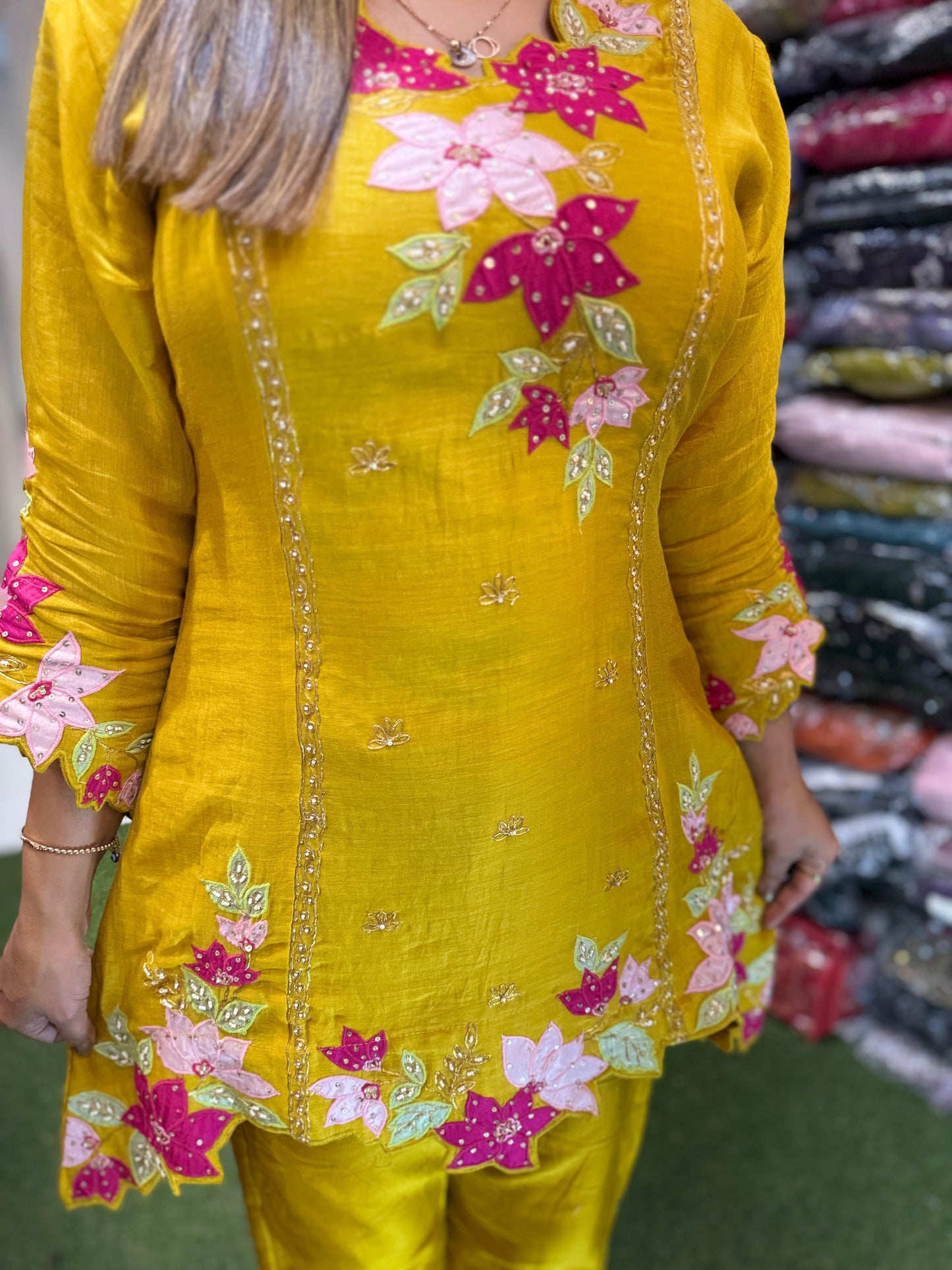 Pure Banaras Mull Chanderi Handwork 2pc CordSet Mustard Yellow Color