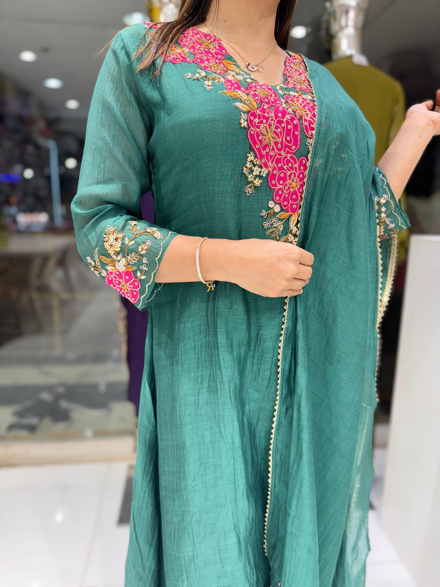 Pure Banaras Mull Chanderi Pearl Handwork Party Wear 3pc Set Green Color