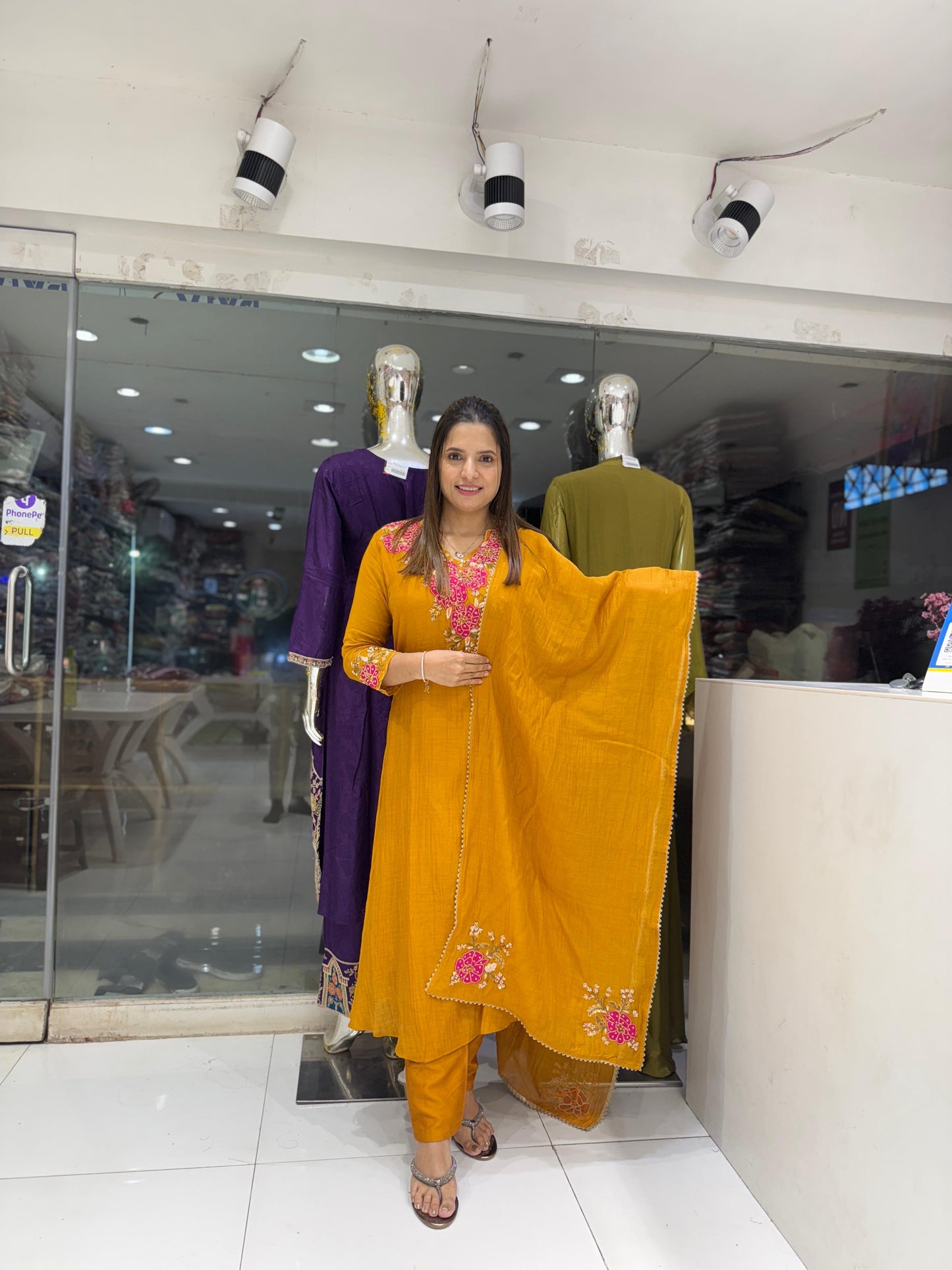 Pure Banarasi Mull Chanderi Pearl Handwork Party Wear 3pc Set Mustard Yellow Color