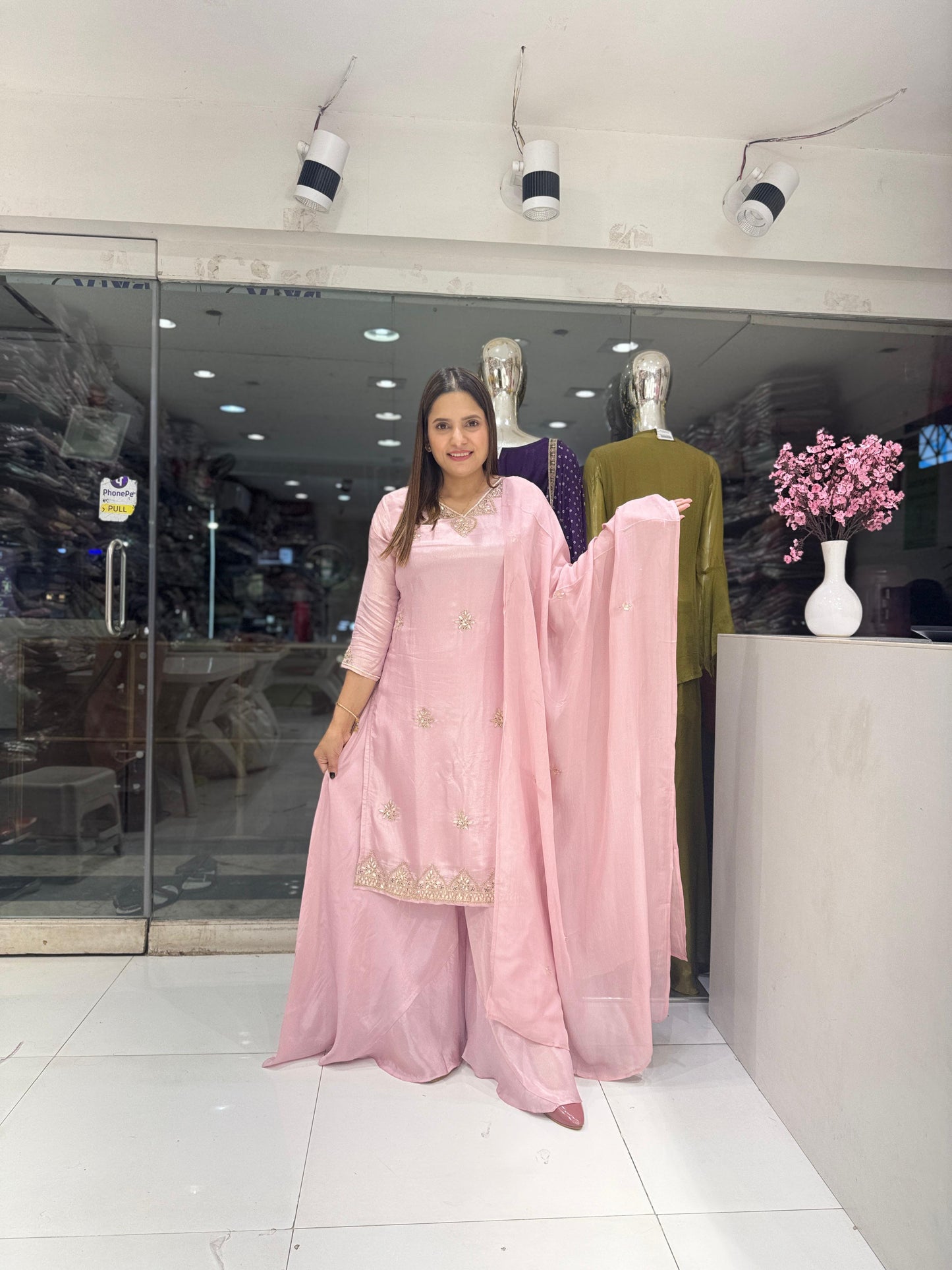 Pure Simmer Tissue Handwork Party Wear 3pc Set Baby Pink Color