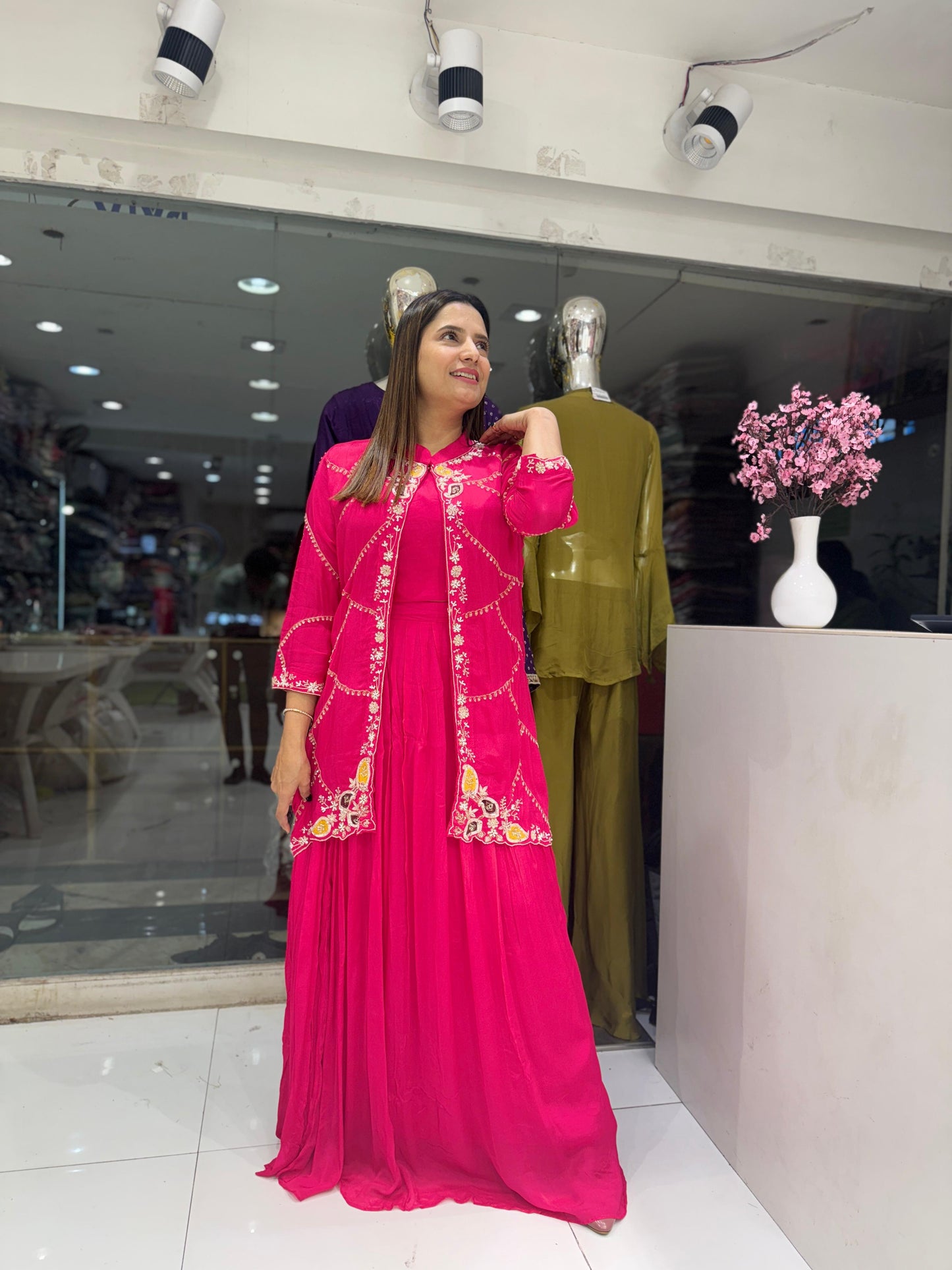 Pure Chinon Pearl Handwork Party Wear 3pc Suit Pink Color