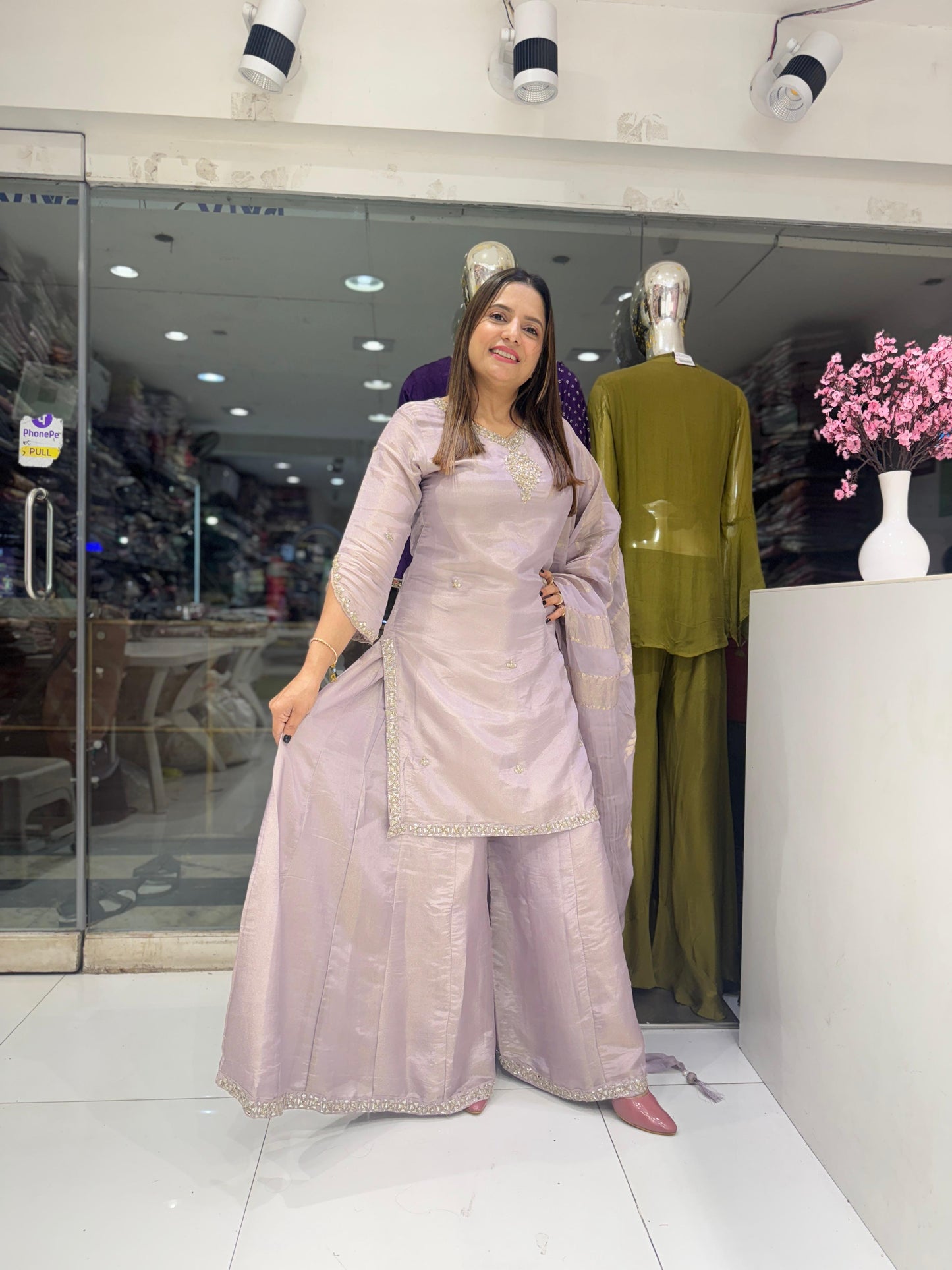 Pure Simmer Tissue Cutdana Handwork Party Wear 3pc Suit Pastle Purple Color