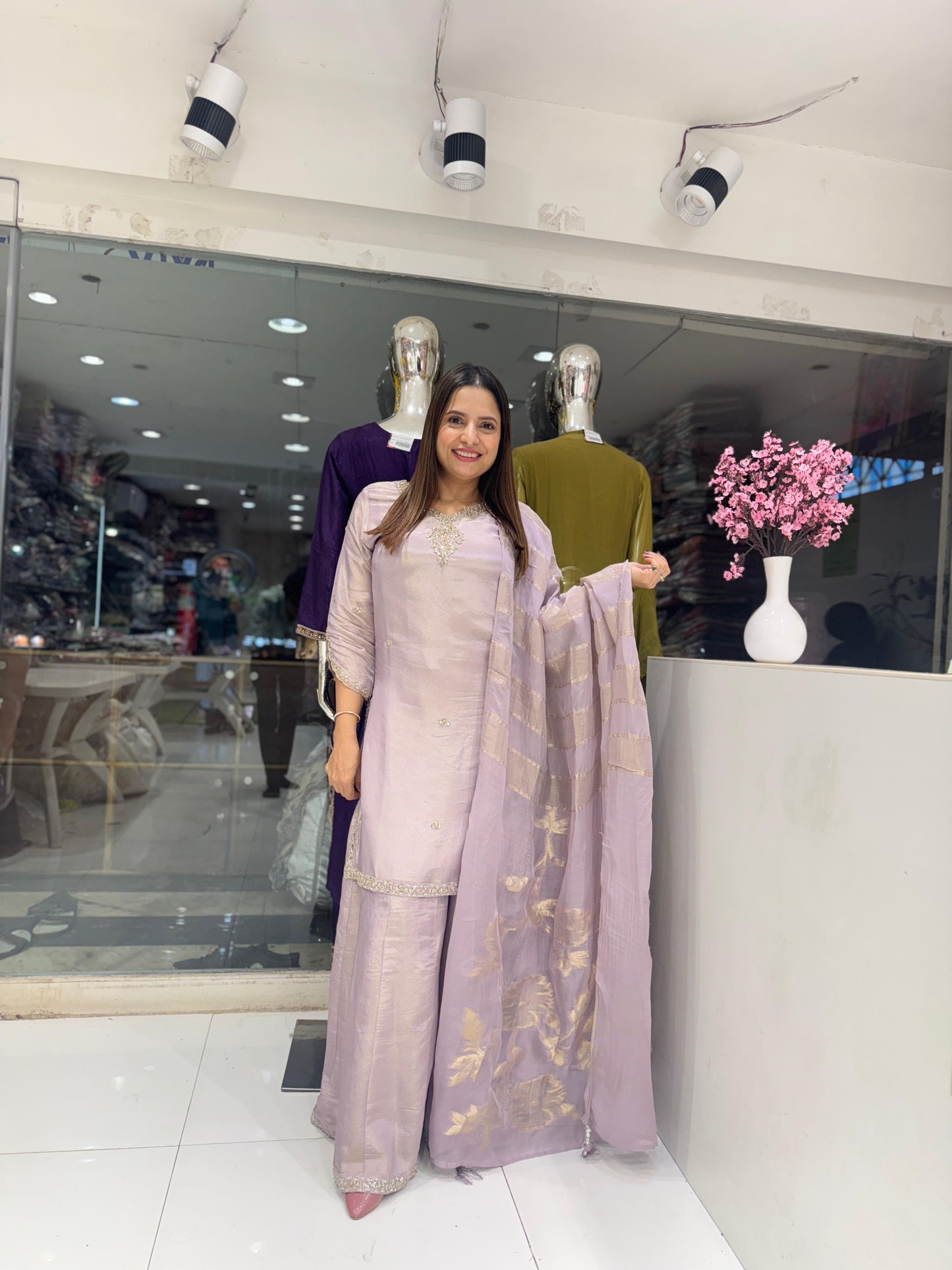 Pure Simmer Tissue Cutdana Handwork Party Wear 3pc Suit Pastle Purple Color