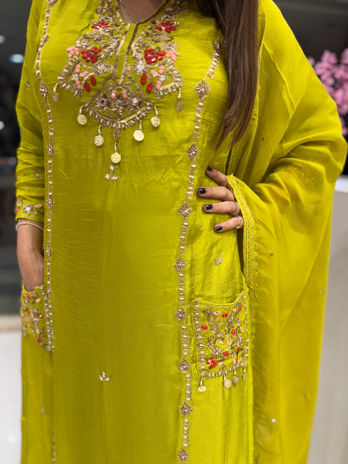 Pure Dola Silk Pearl Handwork Party Wear 3pc Set Chatani Green Color