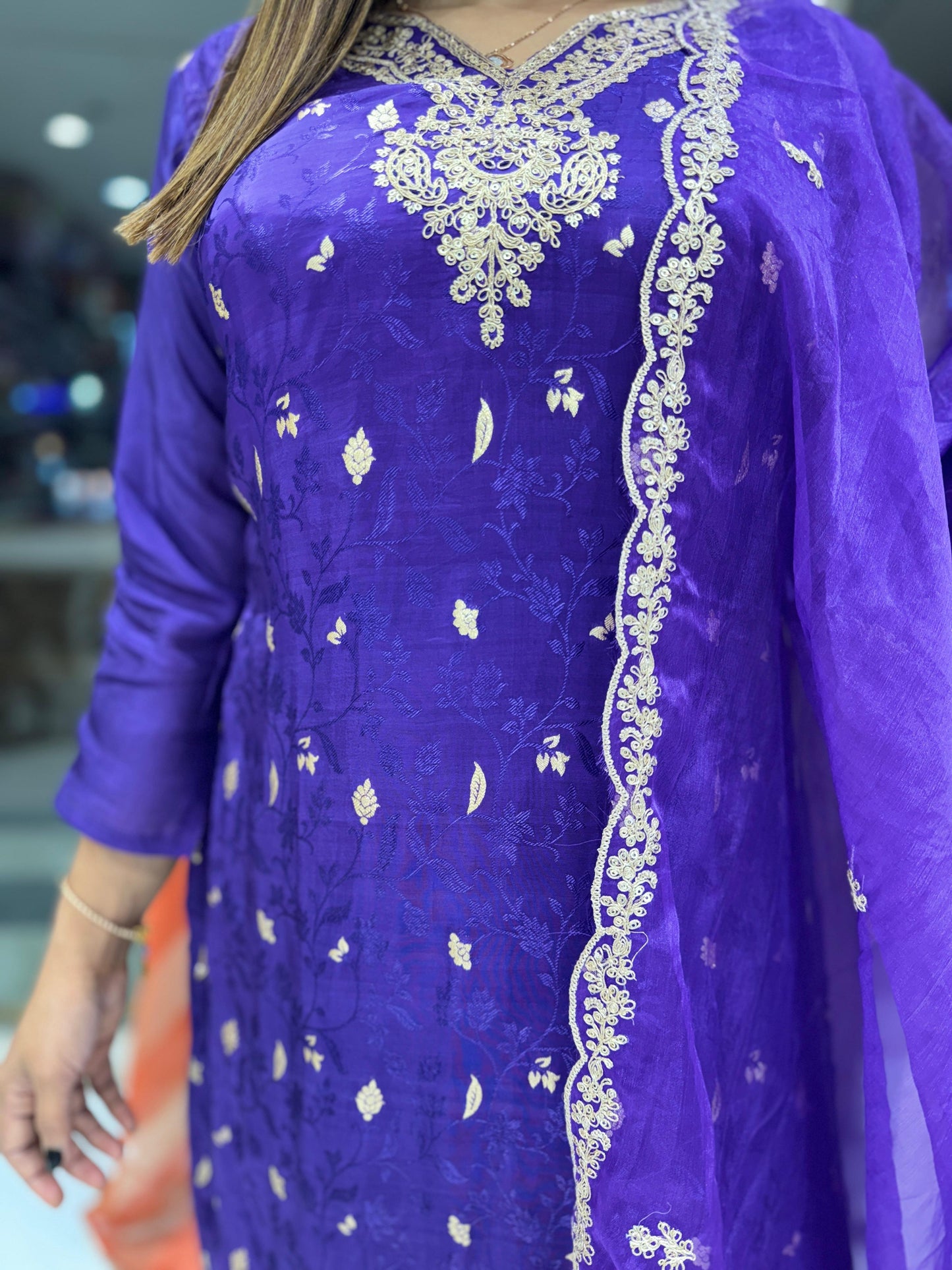 Pure Jacquard Crep Jari Sequence Work Party Wear 3pc Suit Madhuri Purple Color