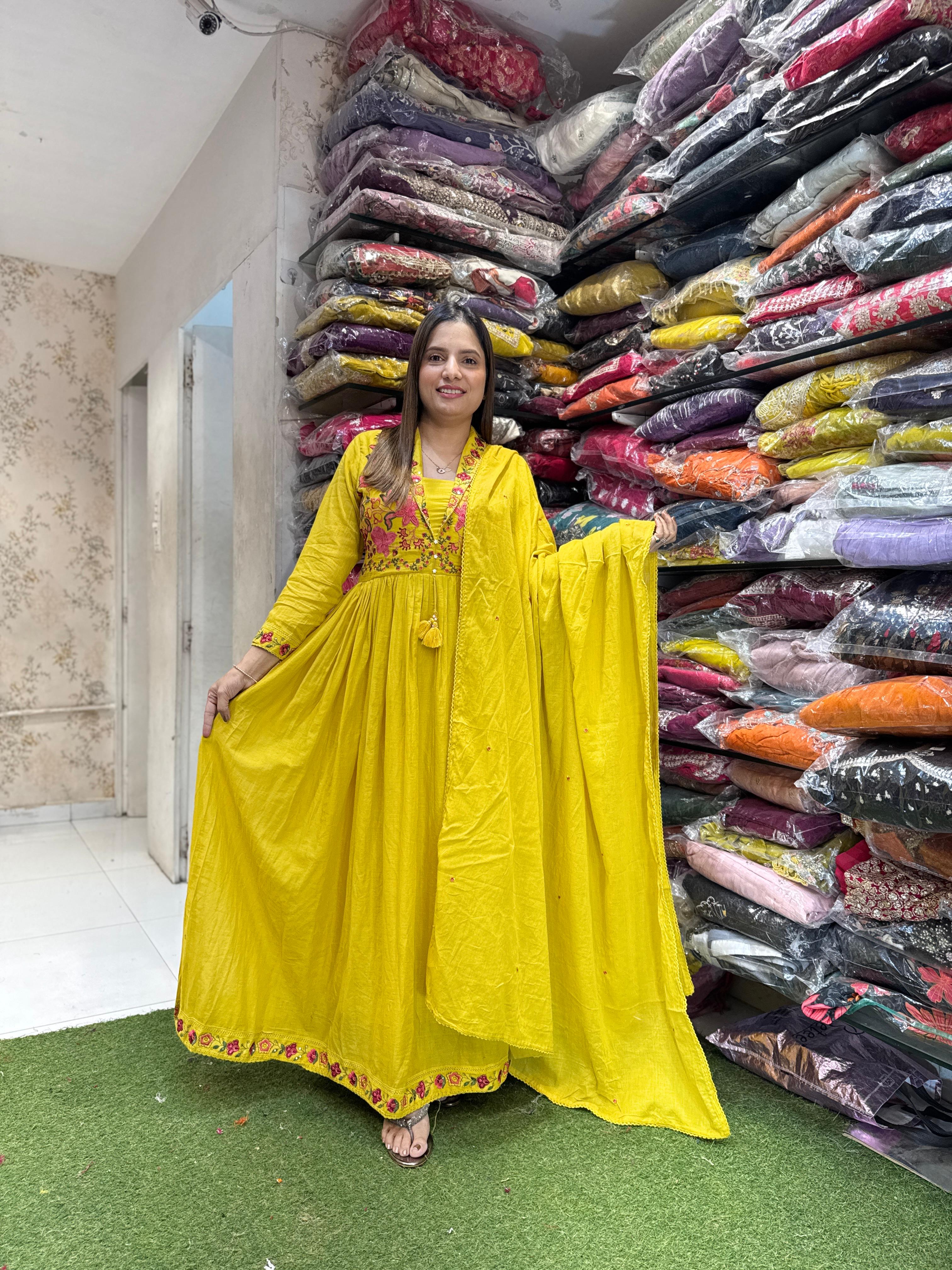Mull Cotton Anarkali Yellow 3pc Set