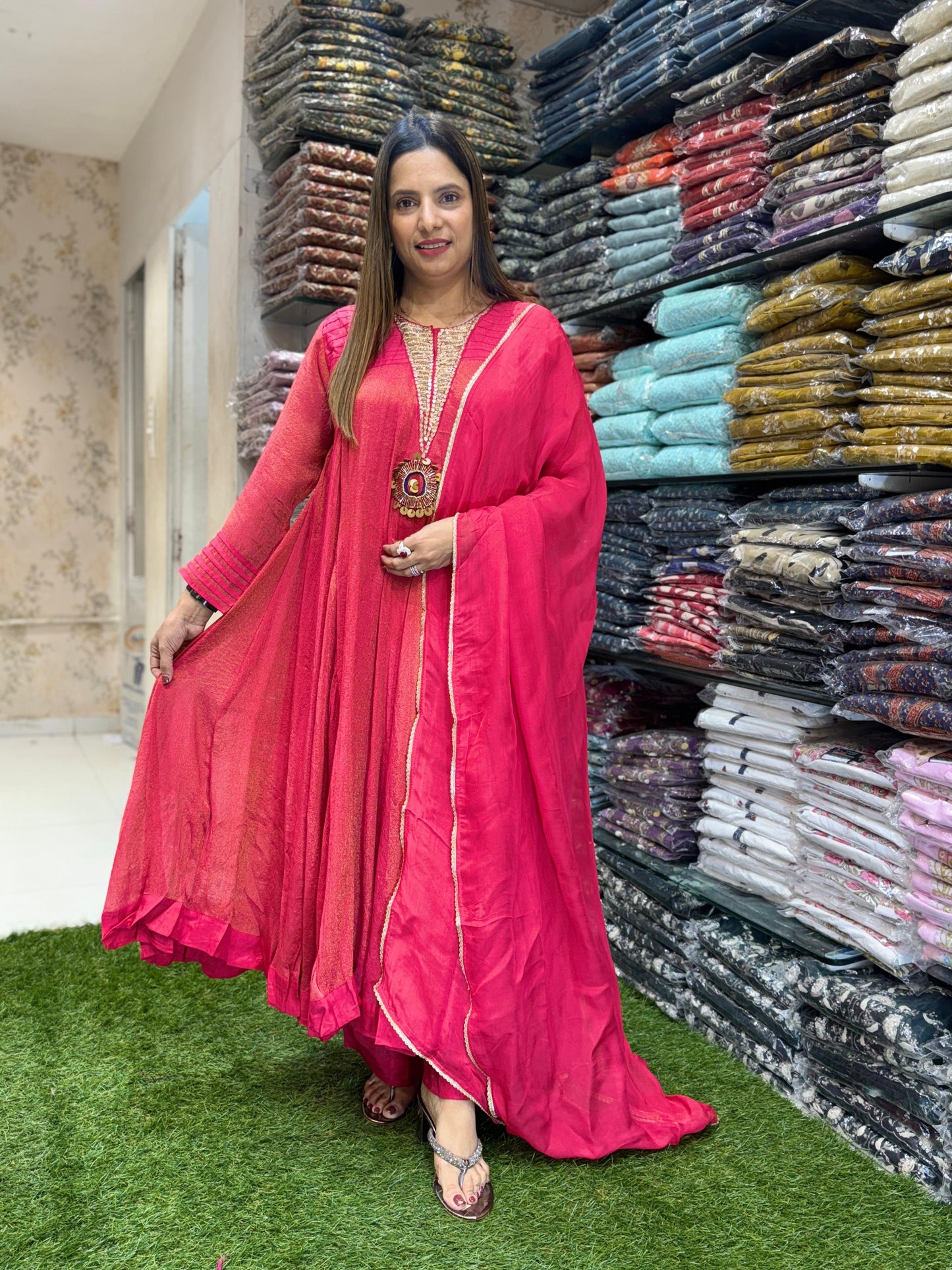 Chinon Tissue Anarkali Red 3pc Set