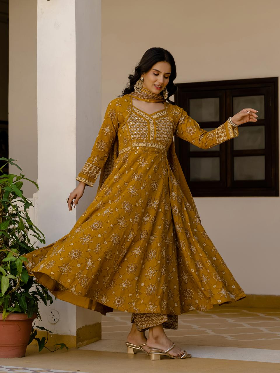 Cotton Gold Yellow Anarkali 3pc Set