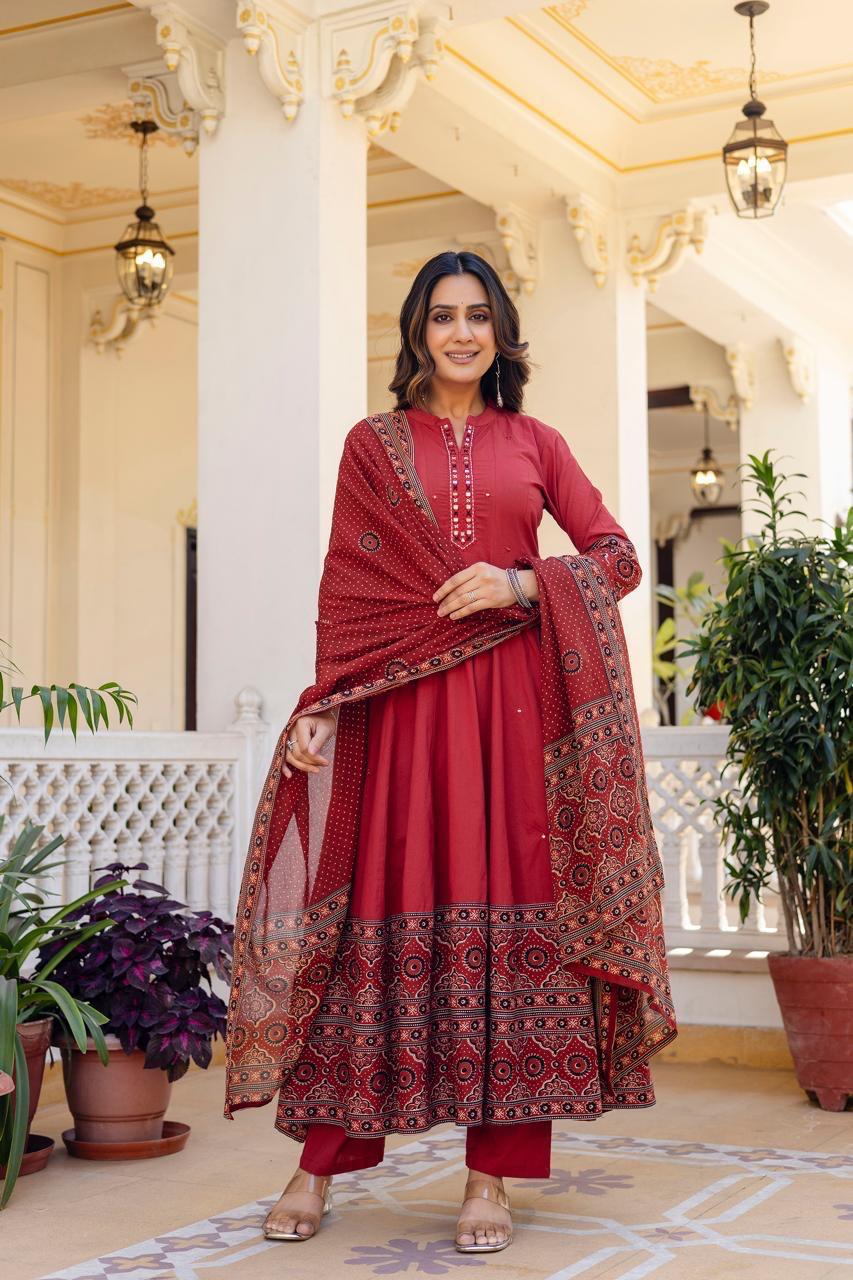 Cotton Maroon Anarkali 3pc Set