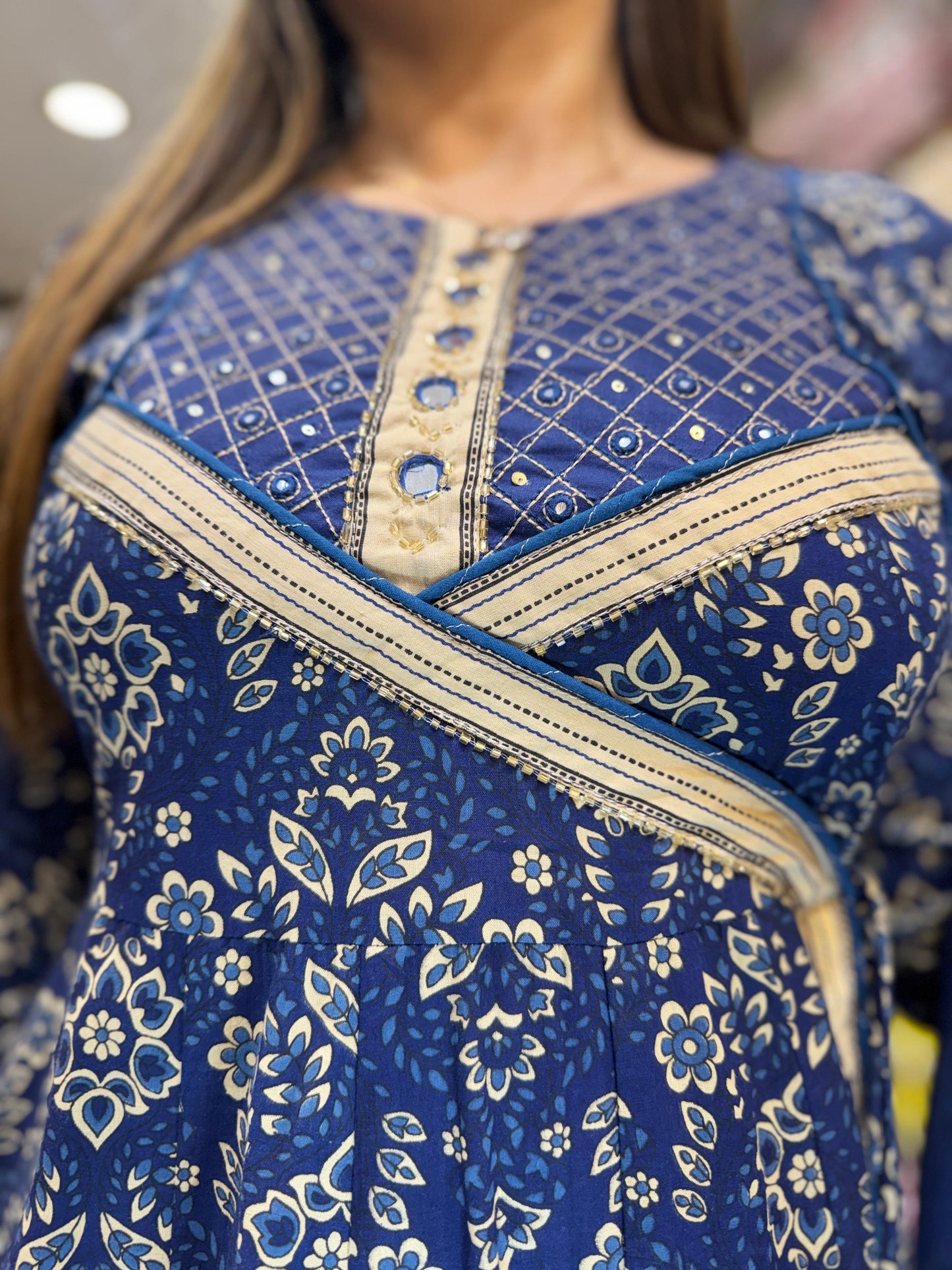 Cotton Blue Anarkali 3pc Set