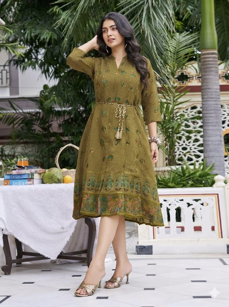 Mull chanderi Green Midi