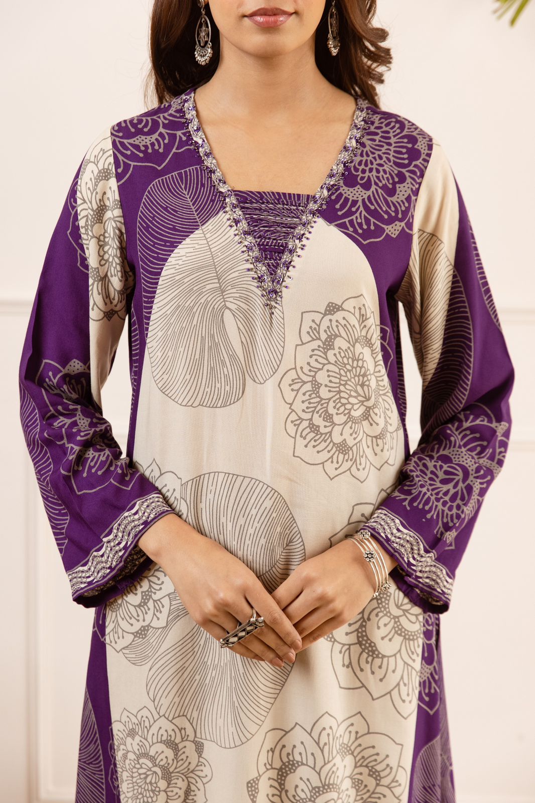 Pure German Rayon Off White And Purple 2pc Set