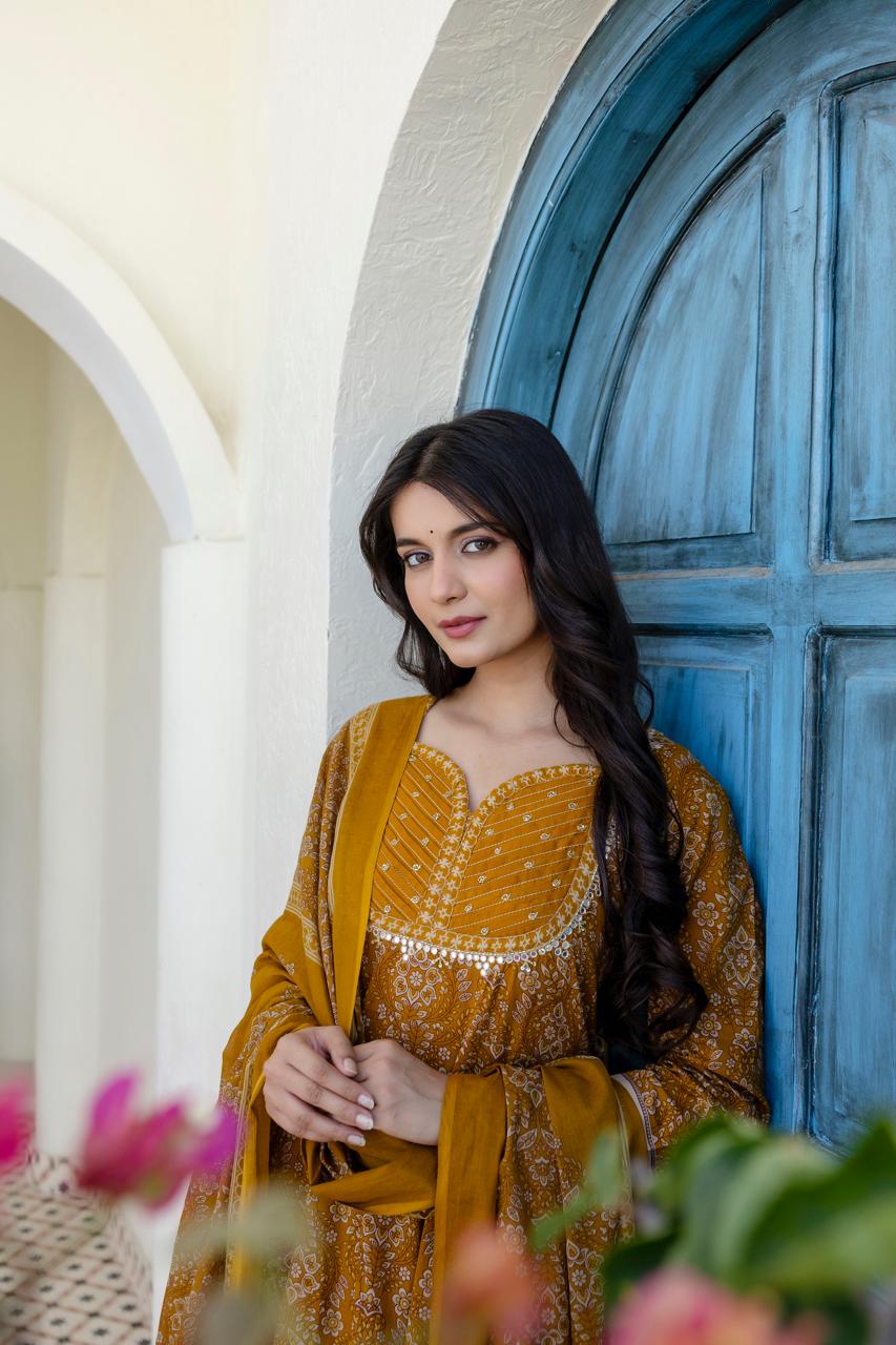 Pure Cotton Ananrkali Yellow 3pc Set