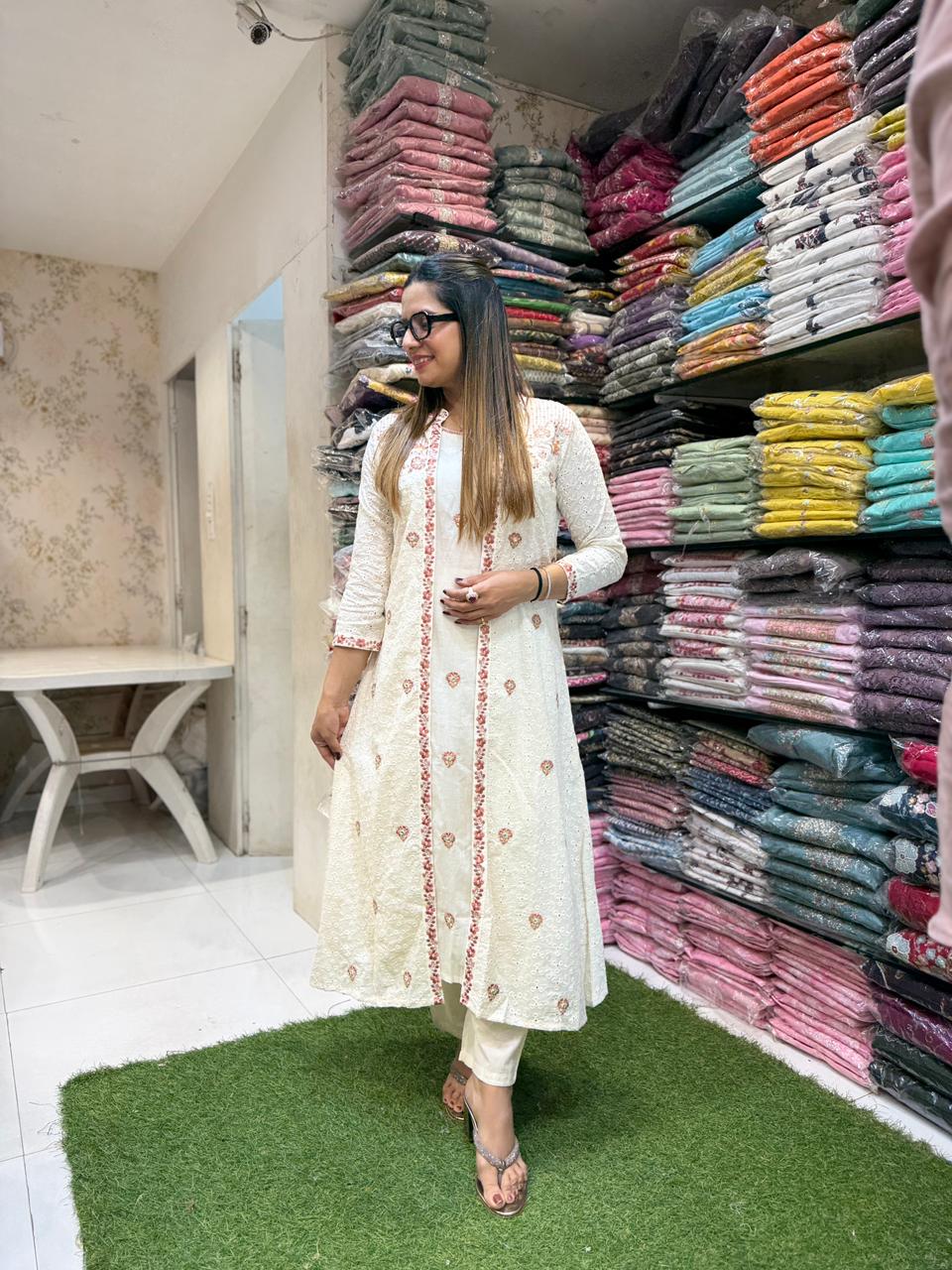 Pure Jaipuri Cotton Off White And Brown 3pc Set