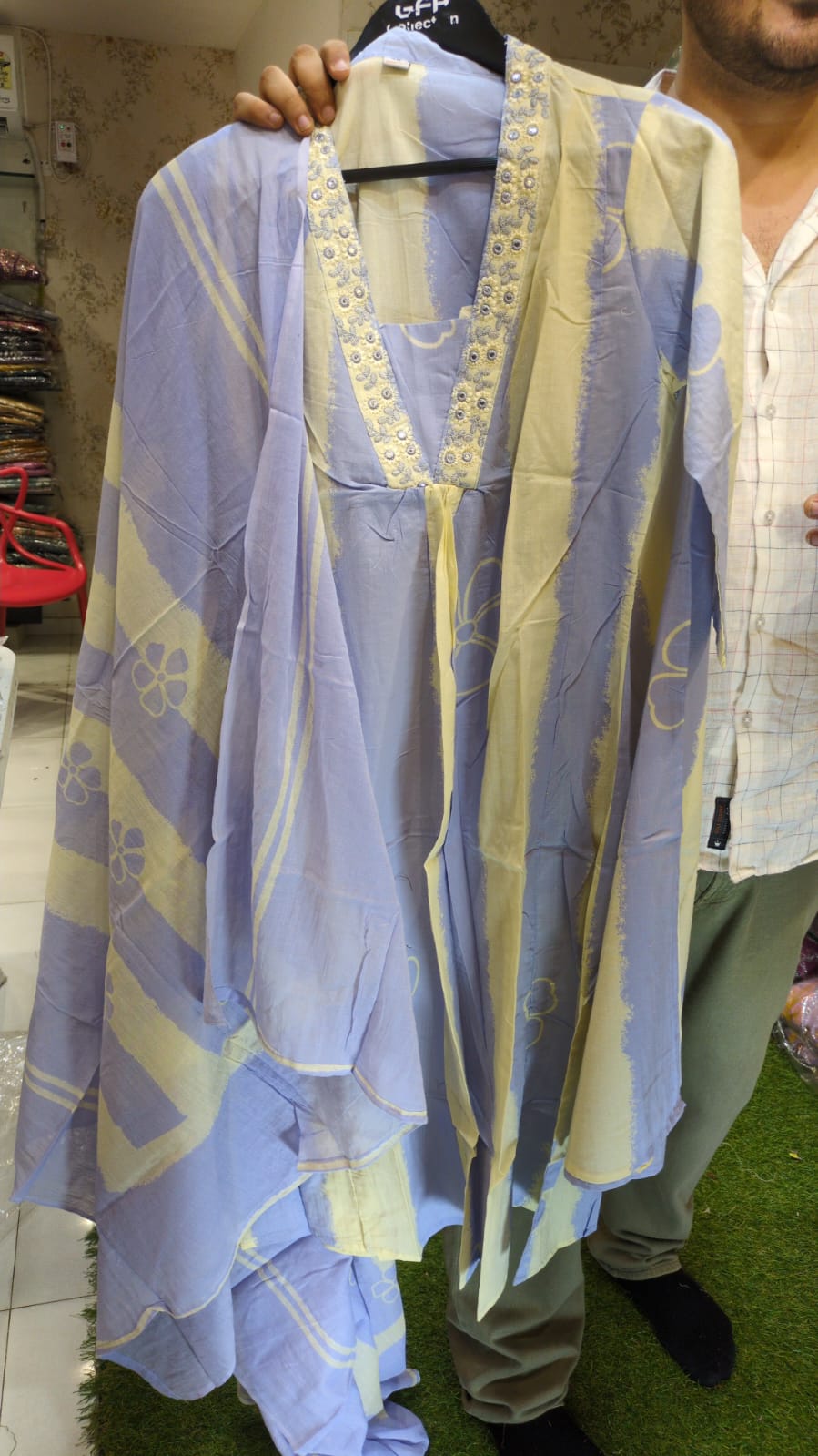 Pure Cotton Off White And Blue 3pc Set