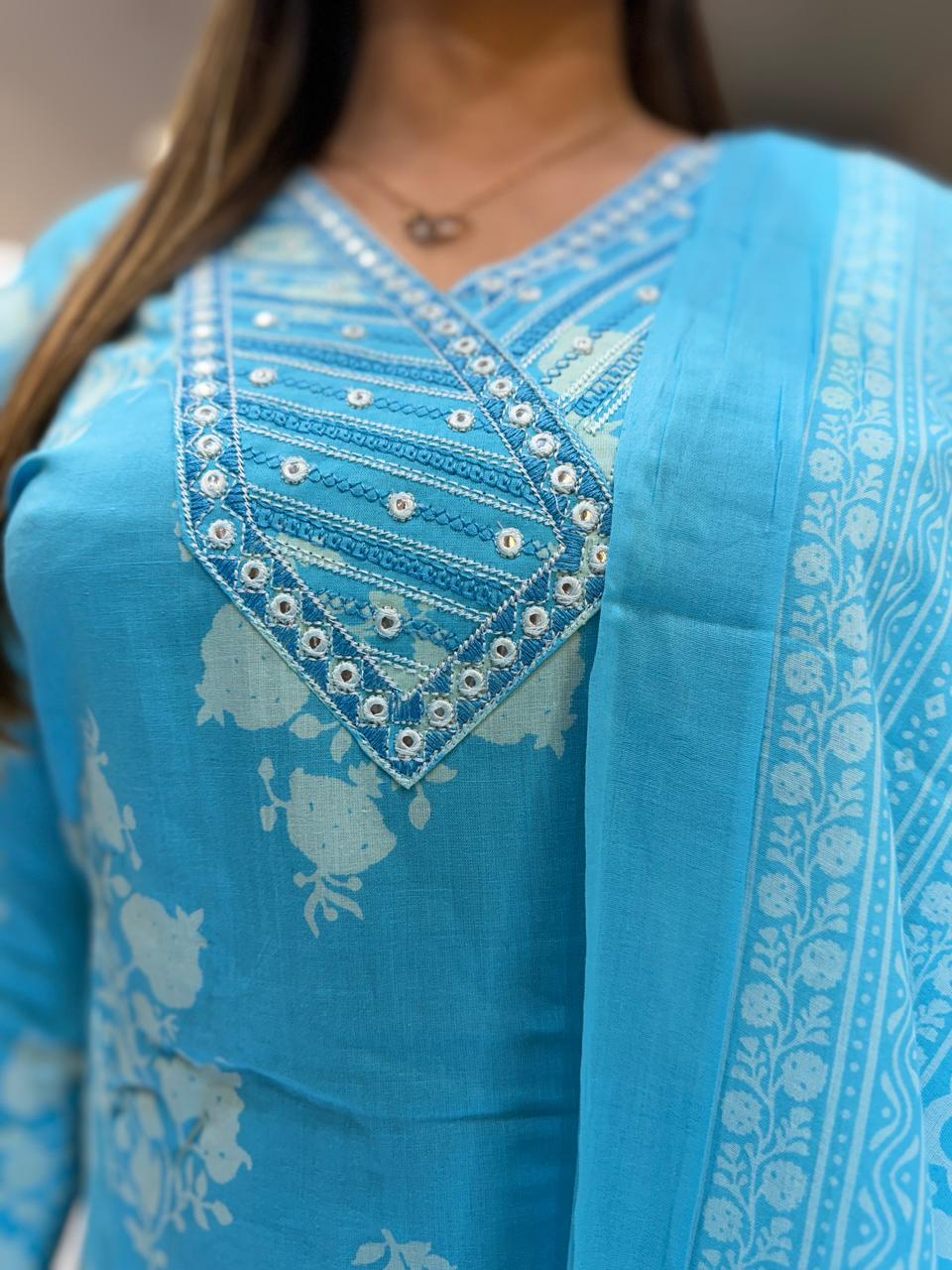 Pure Jaipuri Cotton Sky Blue 3pc Set