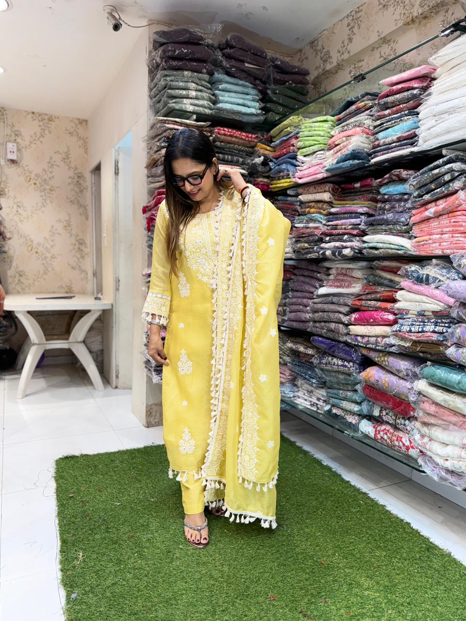 Pure Kota Doria Lemon Yellow 3pc Set