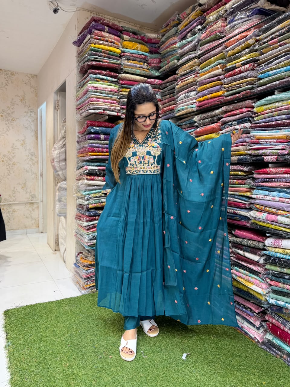 Pure Surat Mull Chanderi Peacock Green 3pc Set
