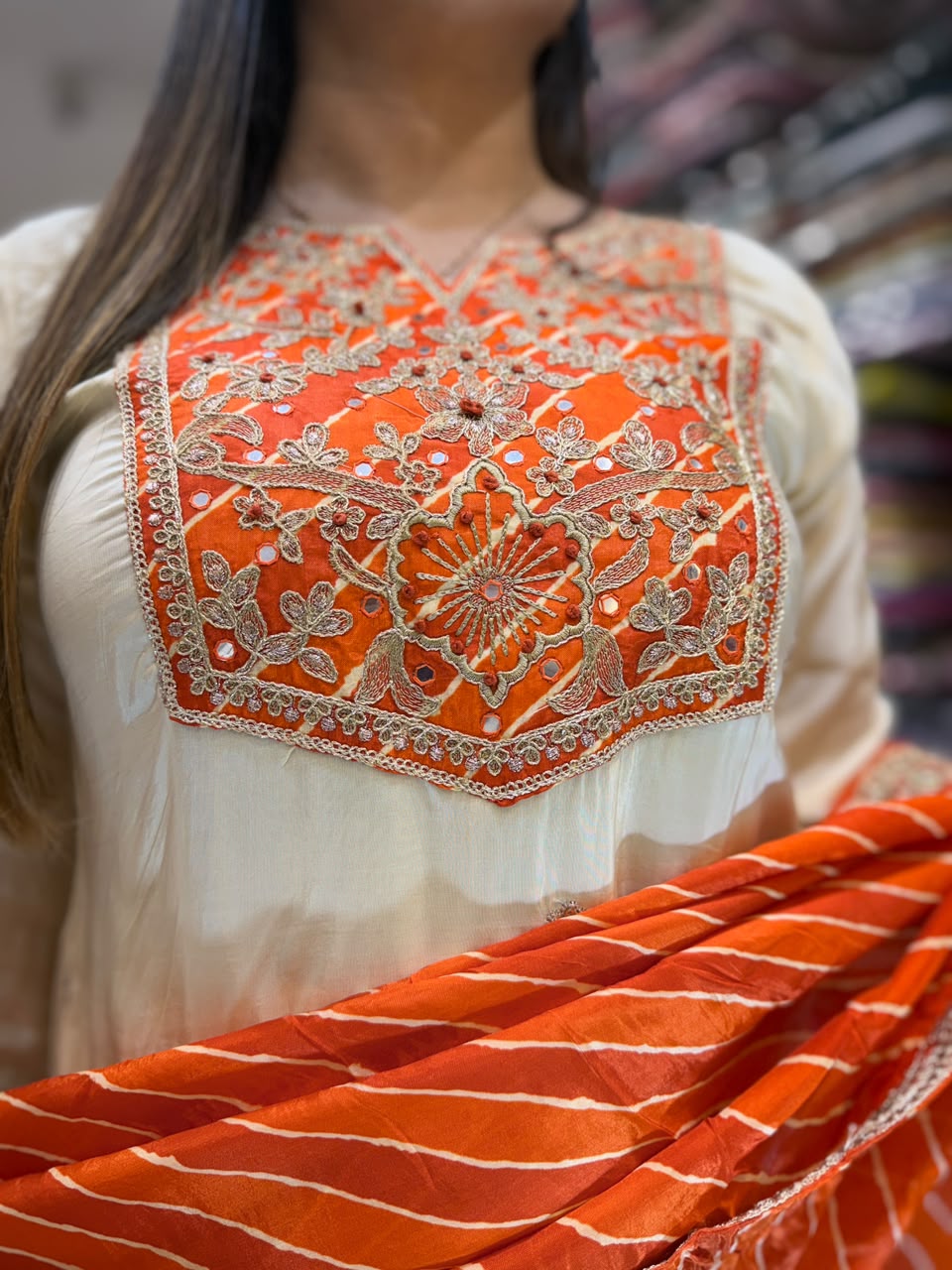 Pure Crep Farsi Salwar Orange And Ivory 3pc Set