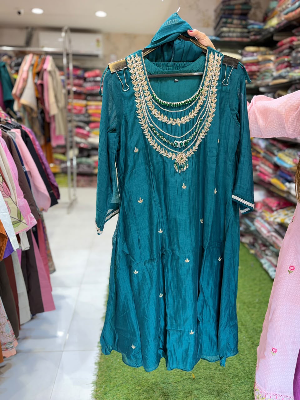 Pure Banaras Mull Chanderi Bottole Green 3pc Set