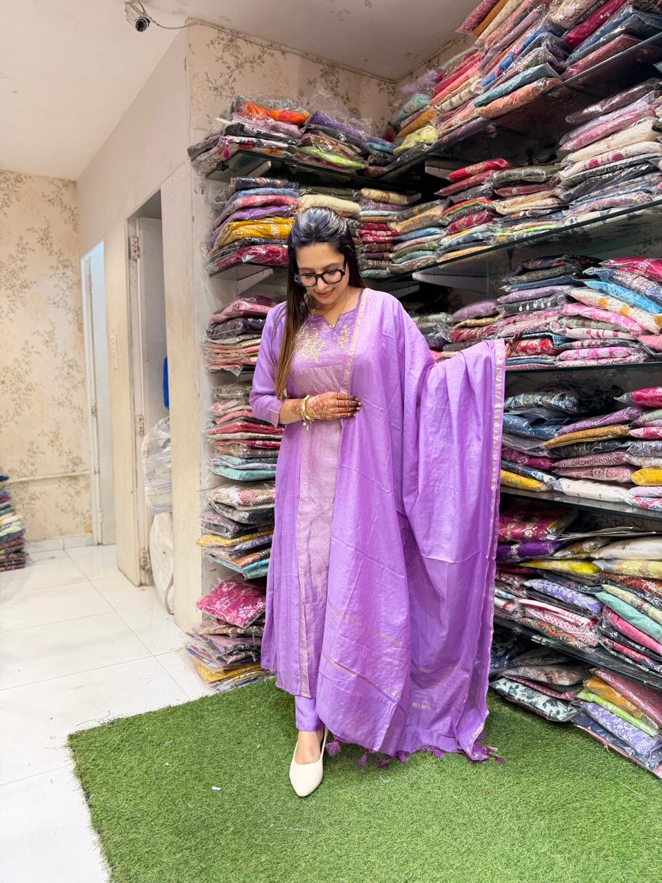Pure Banaras Mull Chanderi Purple 3pc Set
