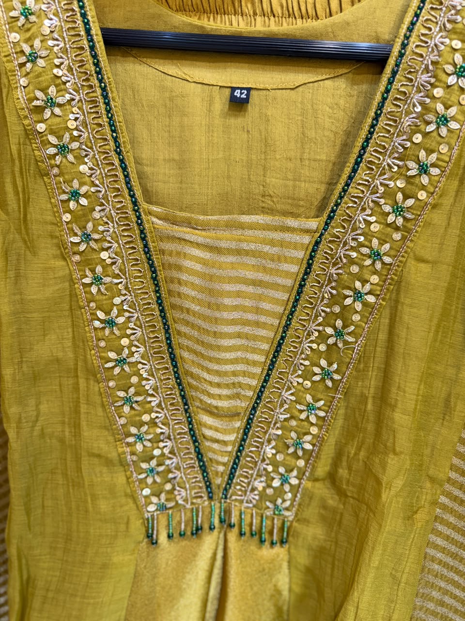 Pure Banaras Mull Chanderi Mustard Green 3pc Set