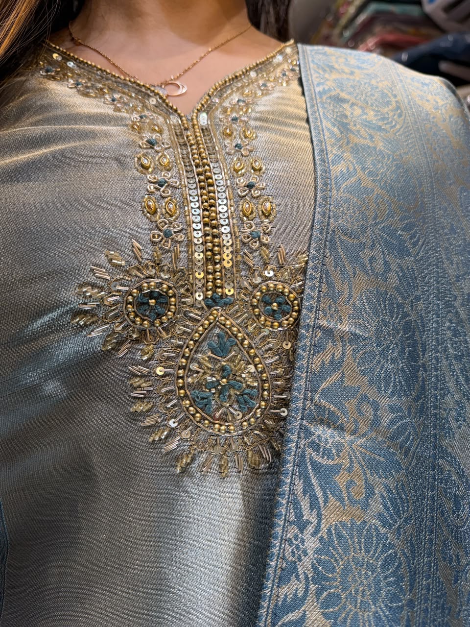 Pure Zeeraf Silk Teal Blue 3pc Set