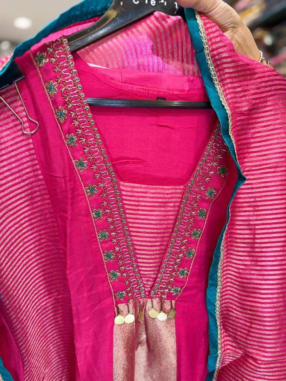 Pure Banaras Mull Chanderi Rani Pink 3pc Set