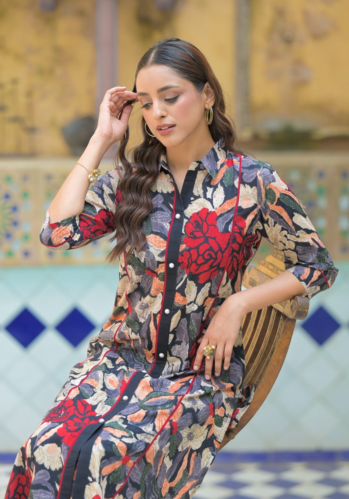 Pure Cotton 2pc Cordset Floral Print Black Color