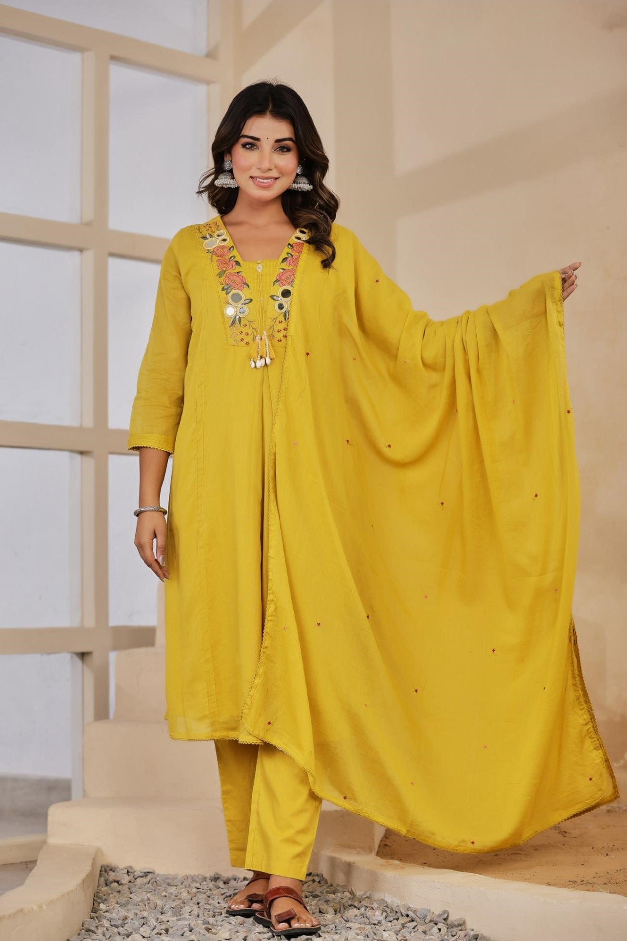 Pure Jaipuri Mull Cotton Thread and Real Mirror Work 3pc Set Yellow Color