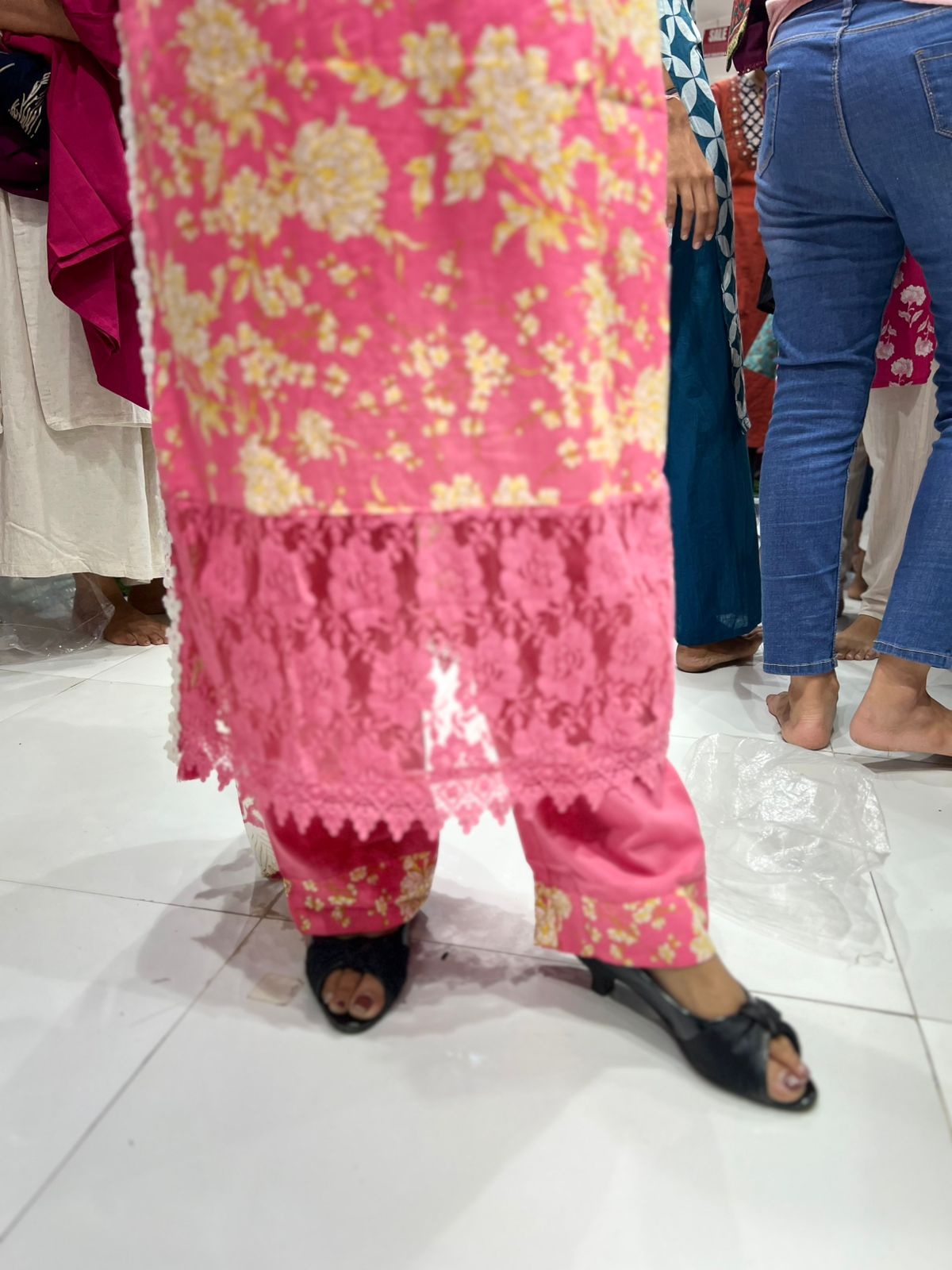 Pure Jaipuri Cotton Lace Border Work Floral Print 3pc Set Pink Color