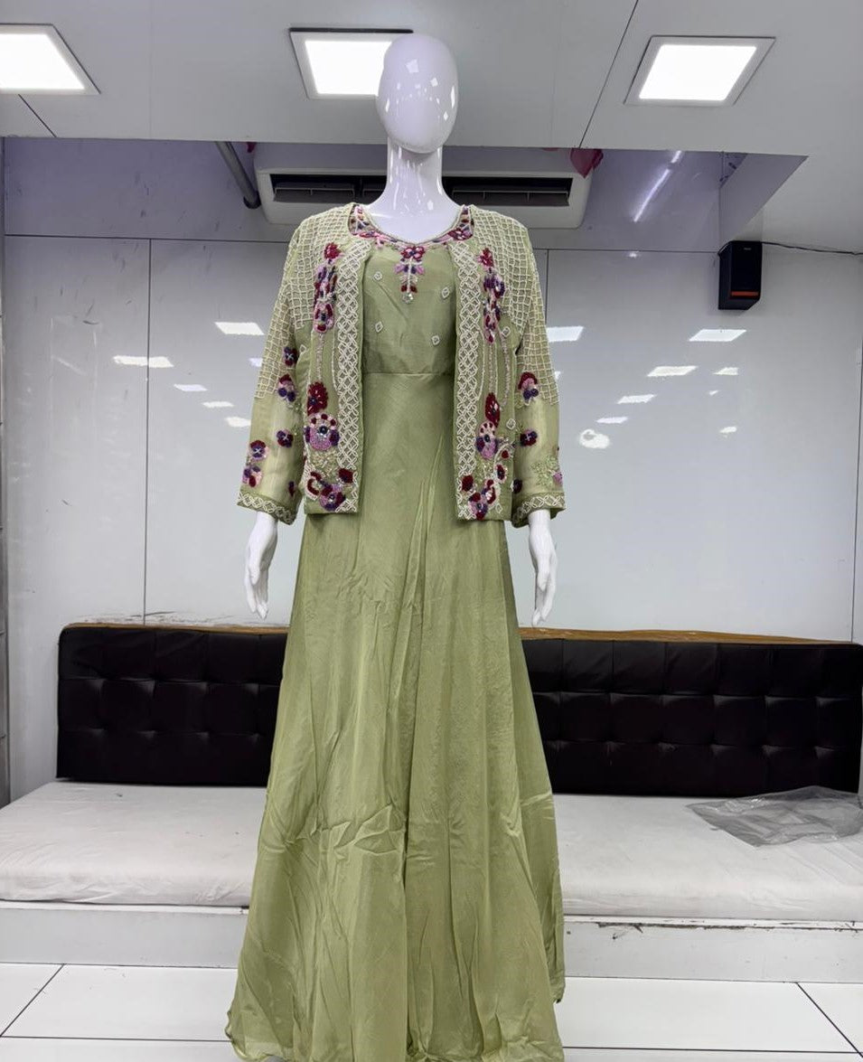 Pure Chinon Handwork Gown With Jacket Green Color