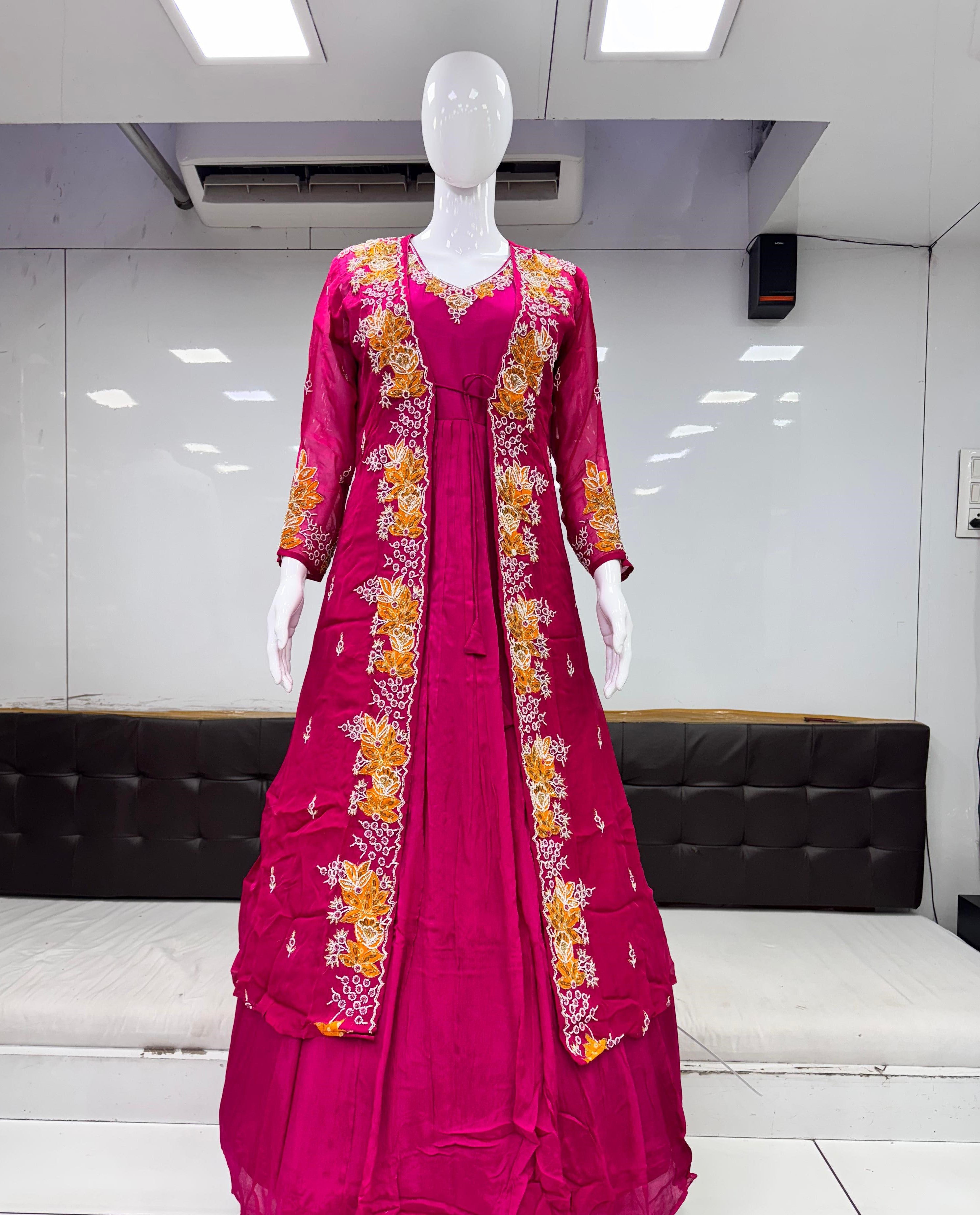Pure Chinon Handwork Gown Rani Pink Color