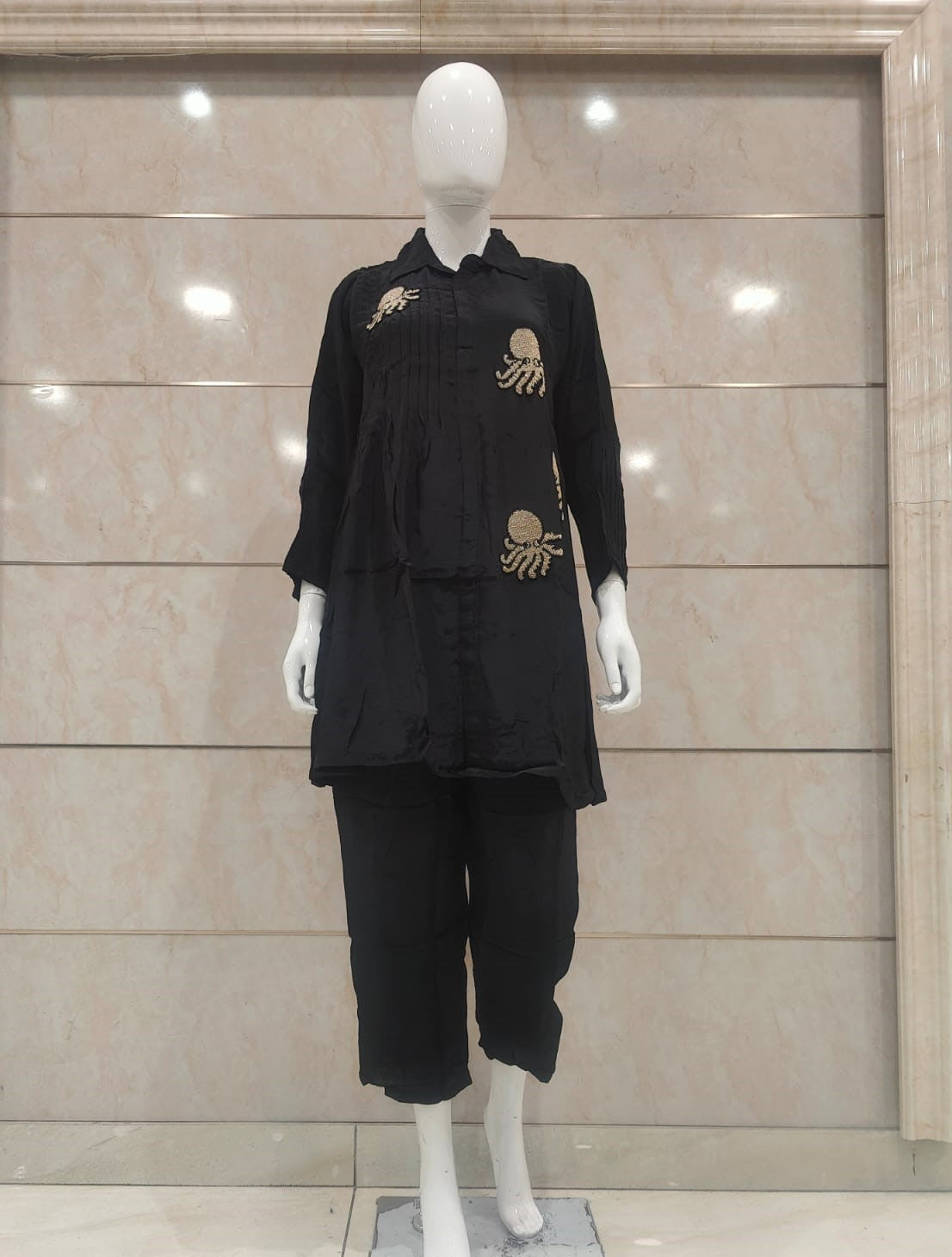 Pure Crep 2pc Set With Hand Pearl Work Black Color