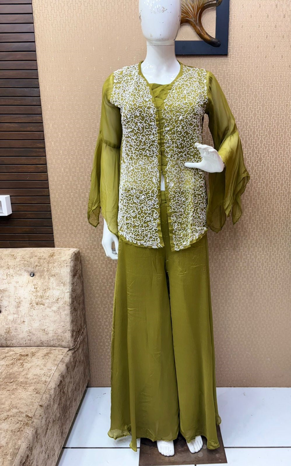 Pure Chinon Pearl Handwork Party Wear 3pc Set Mahendi Green Color