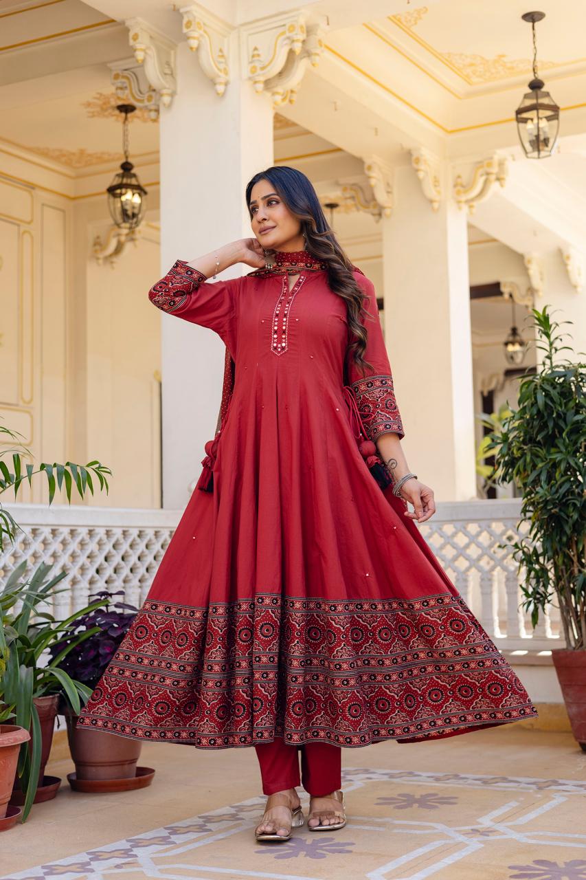 Cotton Maroon Anarkali 3pc Set