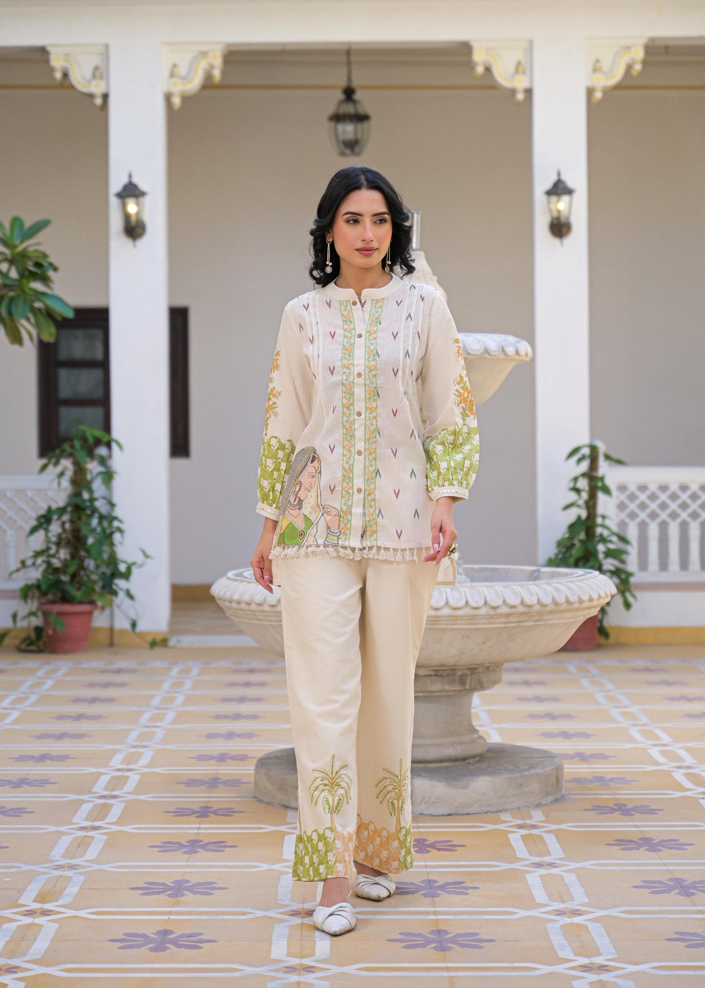 Pure Linen Flex Off White & Green 2pc Set