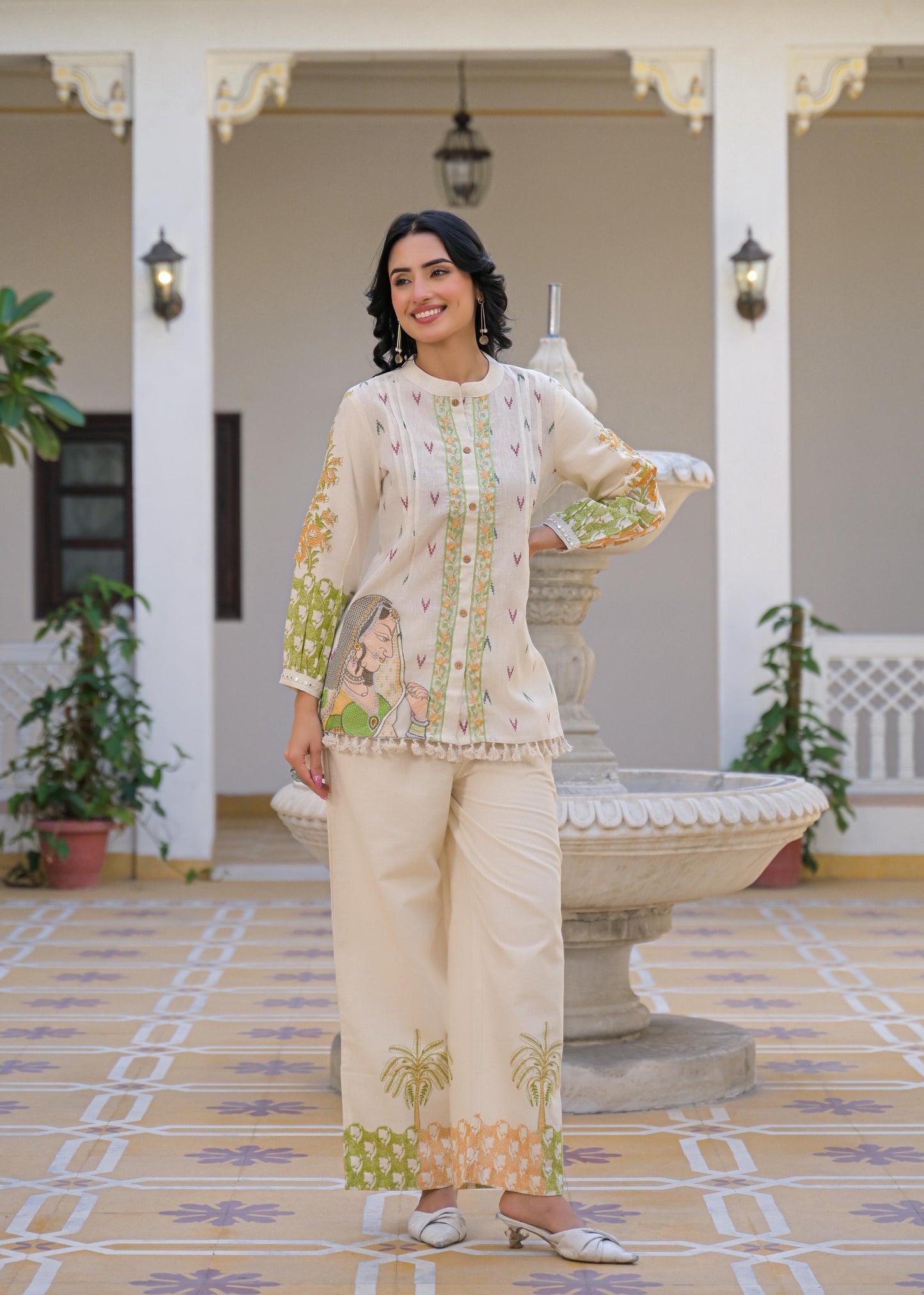 Pure Linen Flex Off White & Green 2pc Set