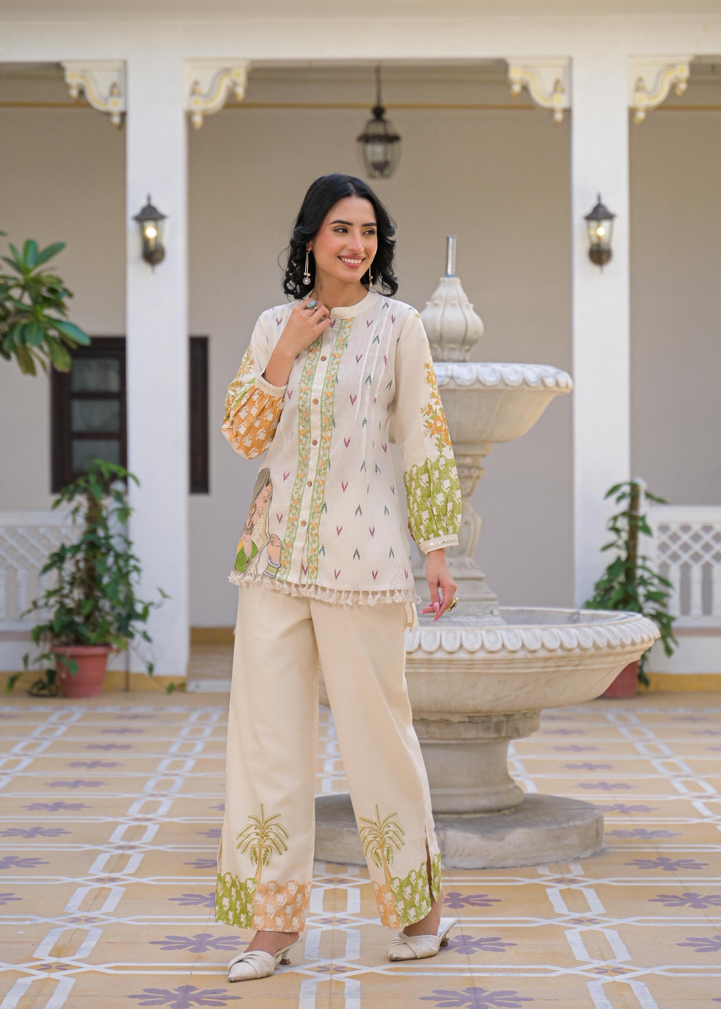 Pure Linen Flex Off White & Green 2pc Set