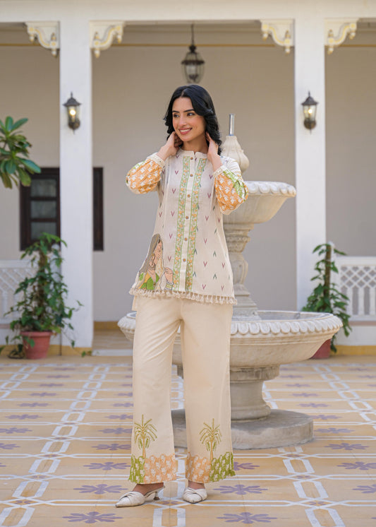 Pure Linen Flex Off White & Green 2pc Set