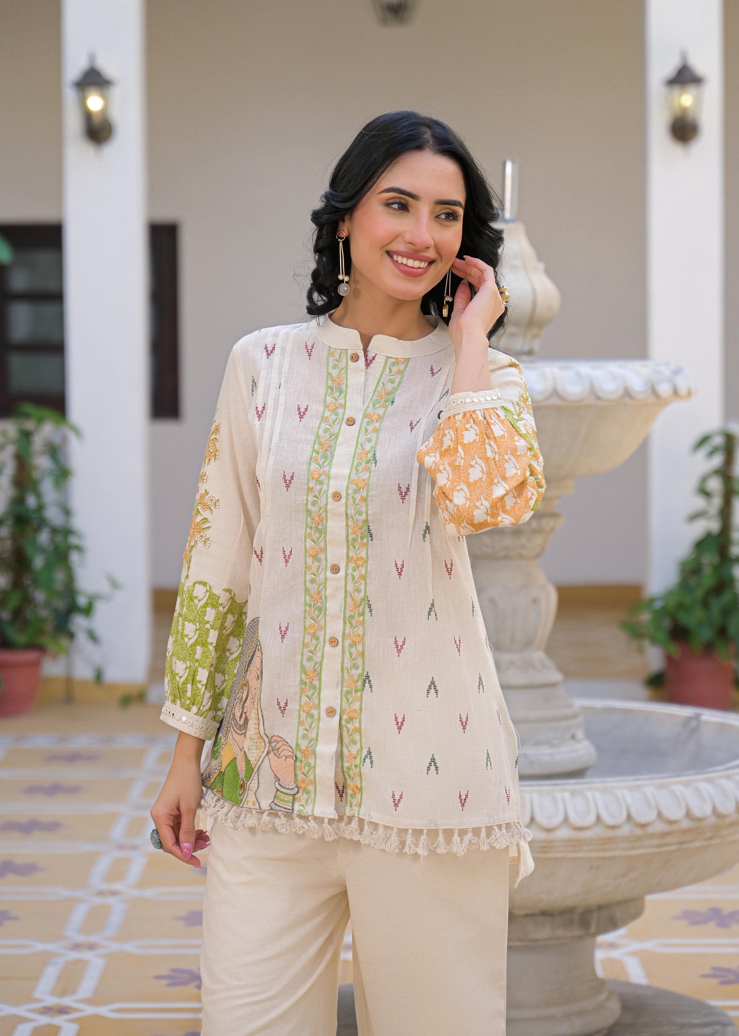 Pure Linen Flex Off White & Green 2pc Set