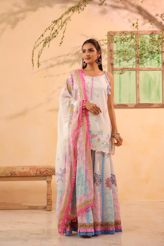 Pure Cotton Off-White & Blue Sharara 3 PC Set