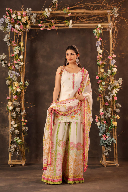 Pure Cotton Off-White & Green Sharara 3 PC Set