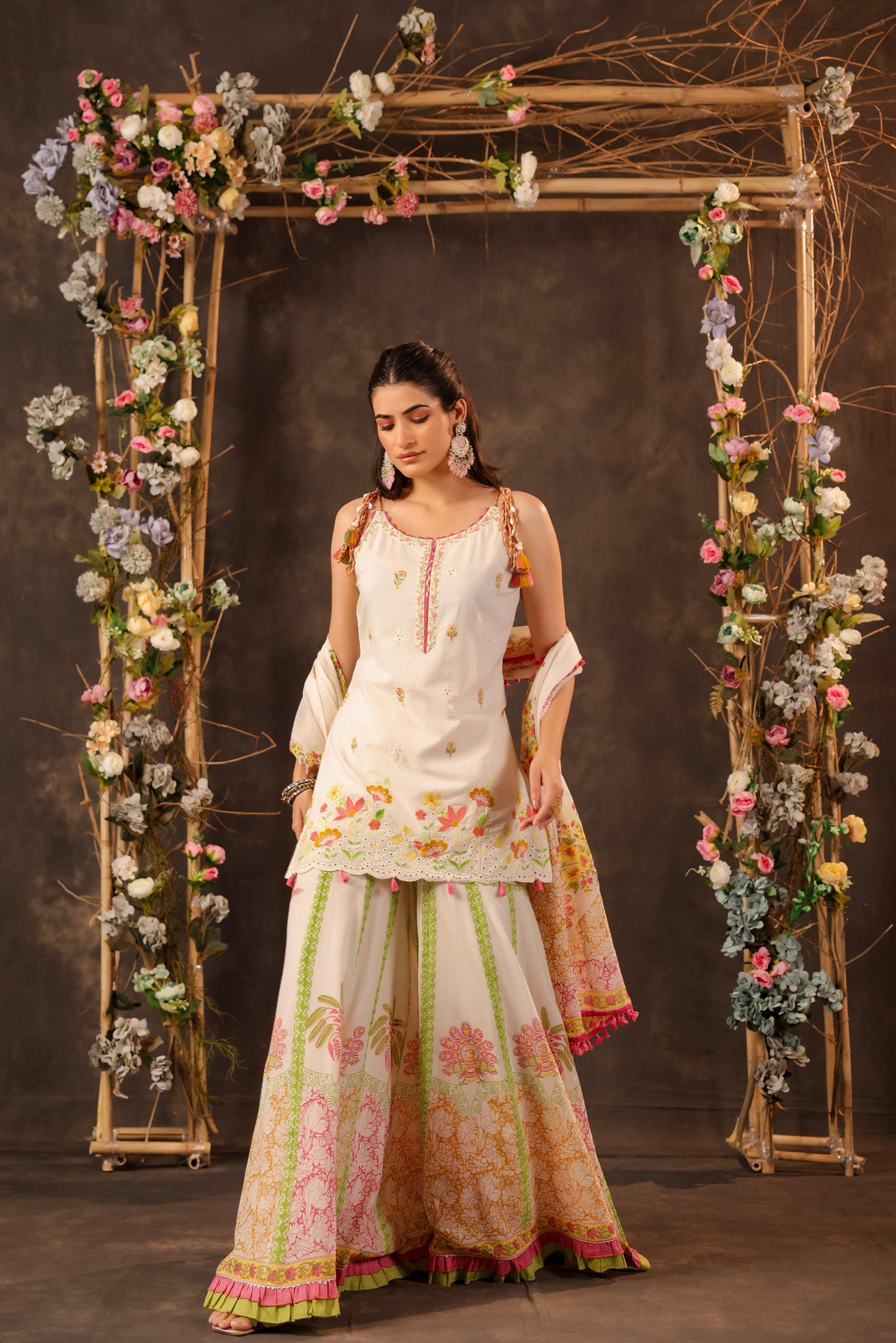 Pure Cotton Off-White & Green Sharara 3 PC Set